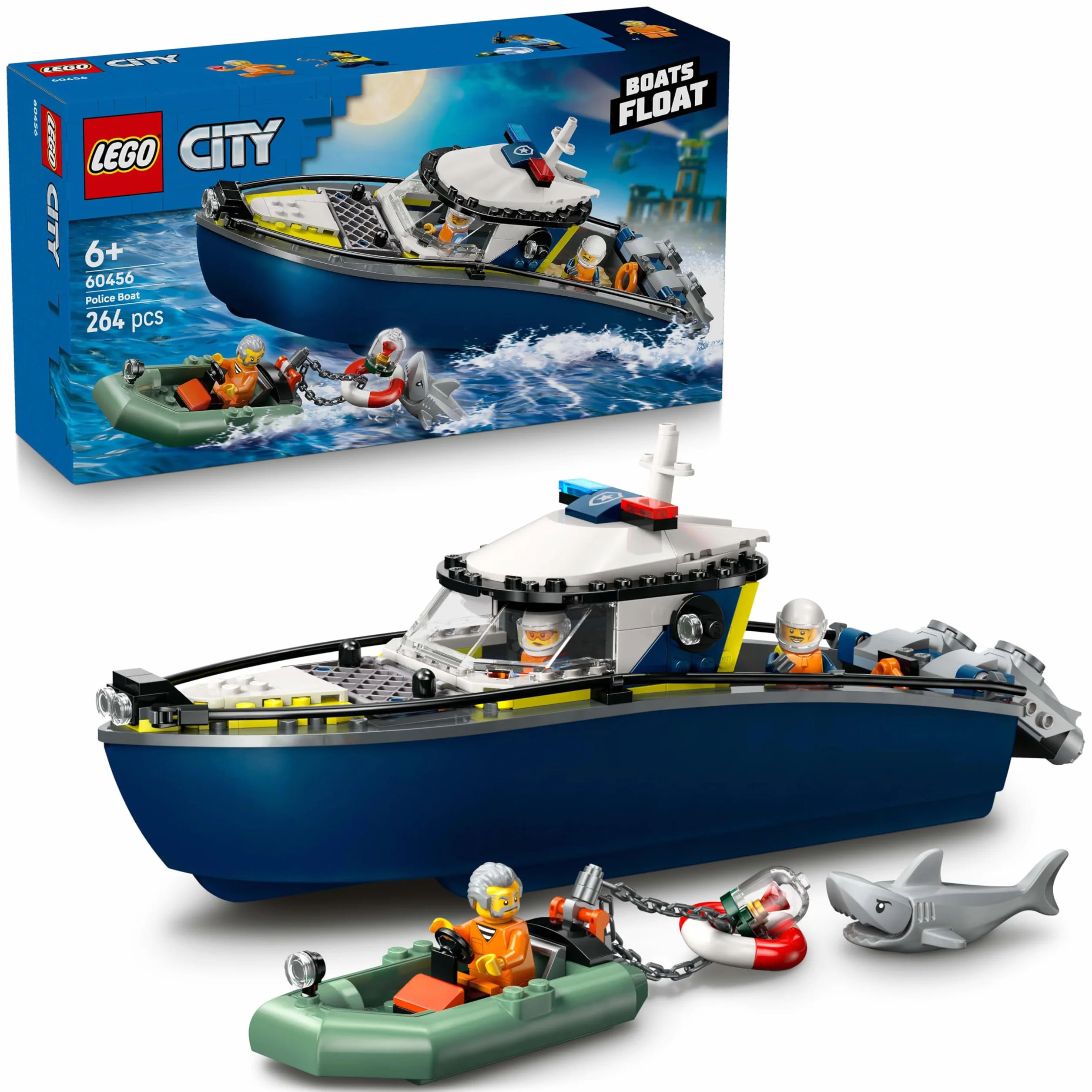 LEGO City Pościg łodzią policyjną, zabawka dla dziecka do zbudowania z motorówką i pontonem złodziejaszka, pomysłowy prezent dla 6-latków, zestaw policyjny dla chłopców i dziewczynek 60456