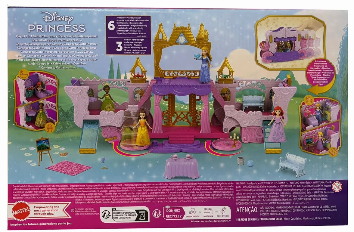 Mattel Księżniczka Disneya Karoca-Zamek 2w1 Zestaw z 3 poziomami, 6 obszarami zabawy, transformacją, małą lalką Aurorą, 4 figurkami, mebelkami i akcesoriami, HWX17