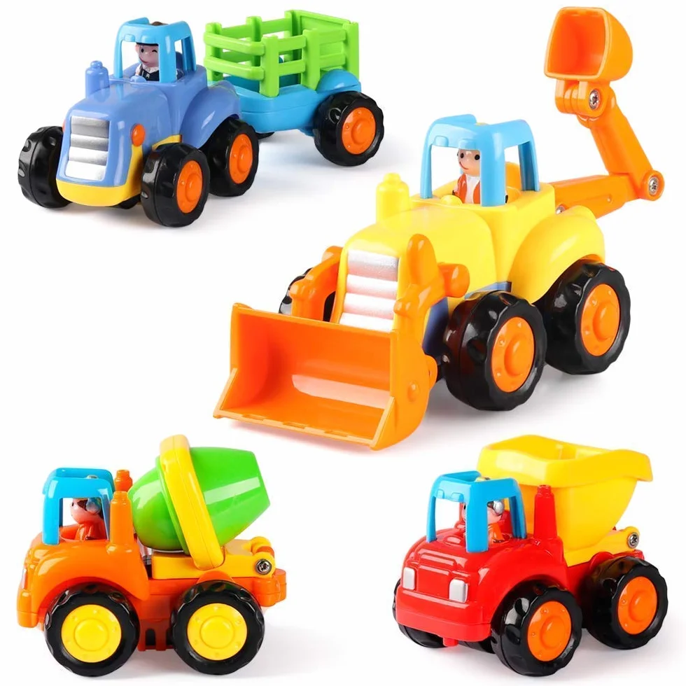 Coogam Push and Go Autos Reibung Angetriebenes Baufahrzeug Frühes Pädagogisches Spielzeug für 1 2 3 Jahre Alte Baby Kleinkinder - Satz von 4 - Traktor-Planierraupe-Betonmischer-LKW und Kipper