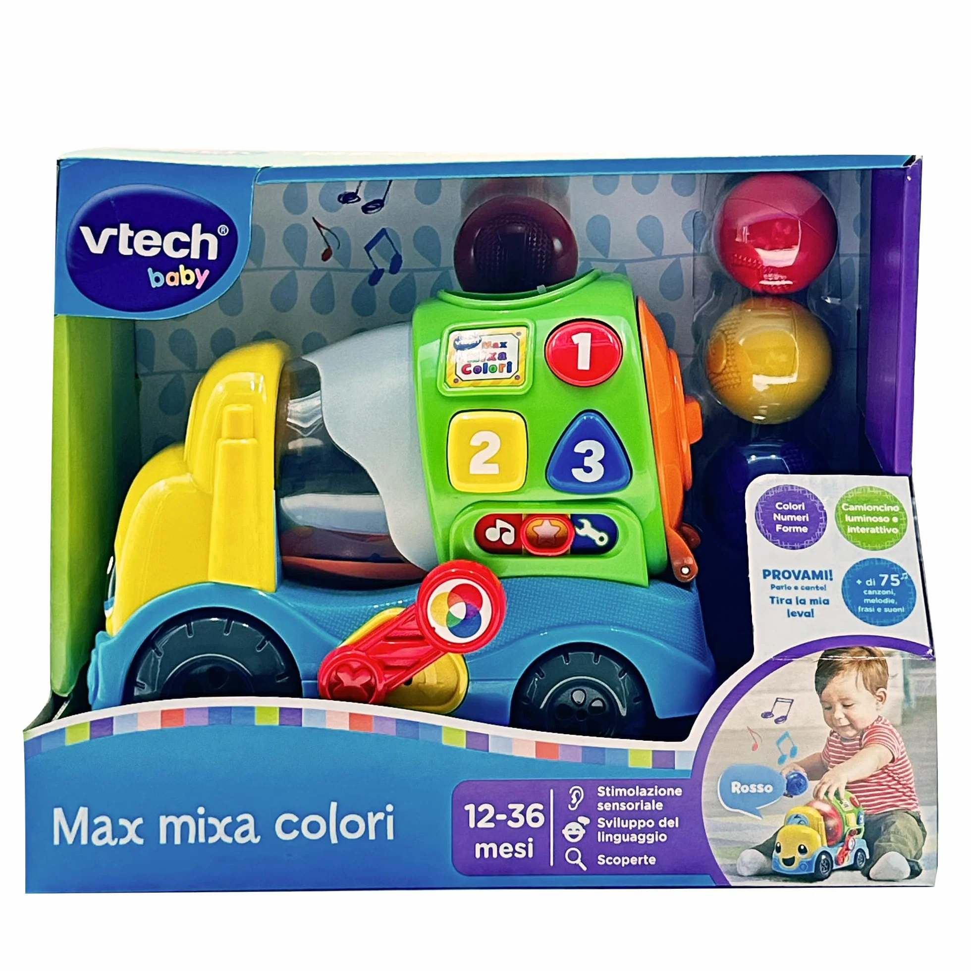 VTech Max Mixa Colori, gadająca ciężarówka, 5 melodii, rozpoznawanie i mieszanie kolorów, 3 tryby gry, regulacja głośności, automatyczne wyłączanie, język włoski, baterie w zestawie, 12-36 miesięcy