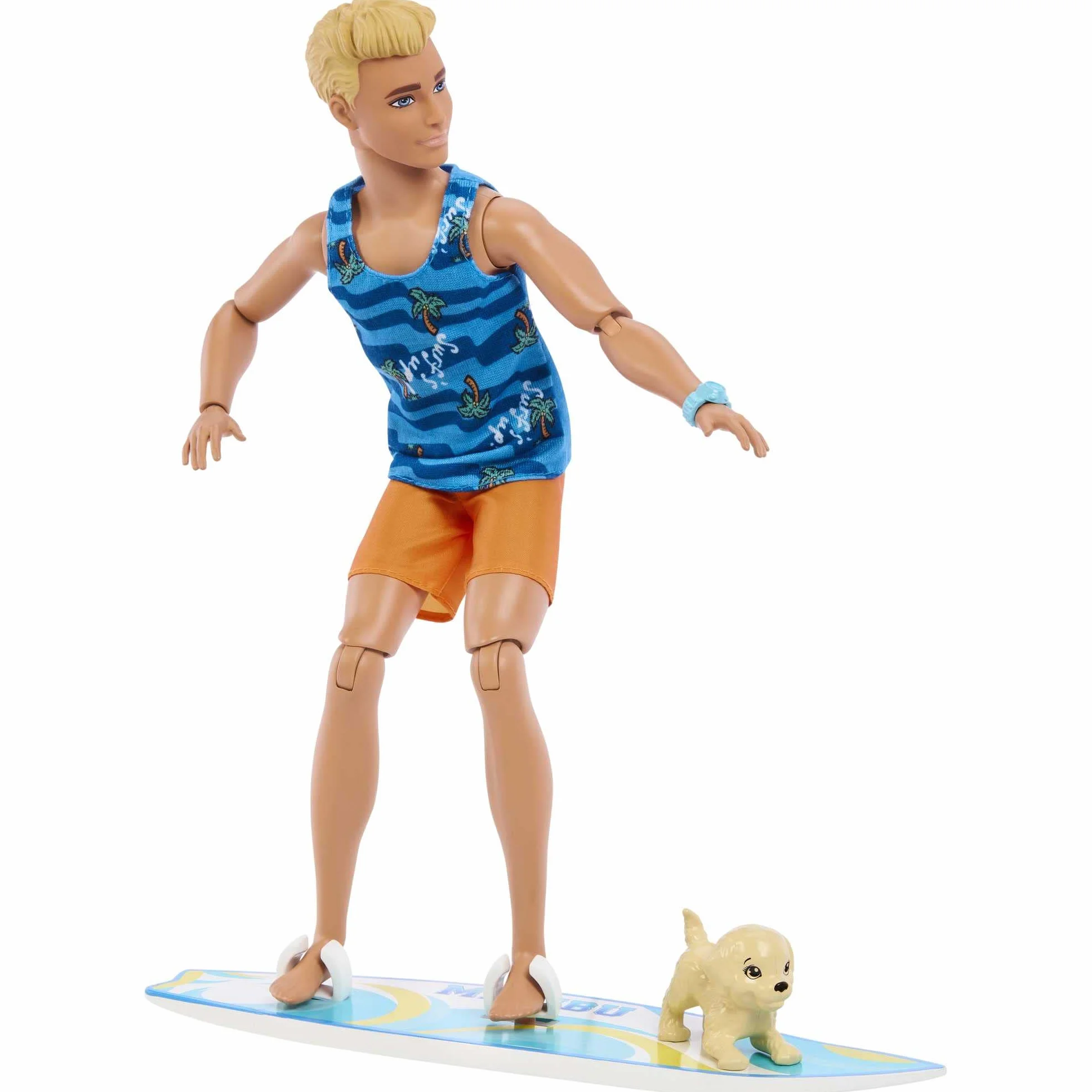 Barbie Ken Surfer Lalka plażowa (blondyn) z deską surfingową i pieskiem + akcesoria tematyczne, takie jak ręcznik HPT50