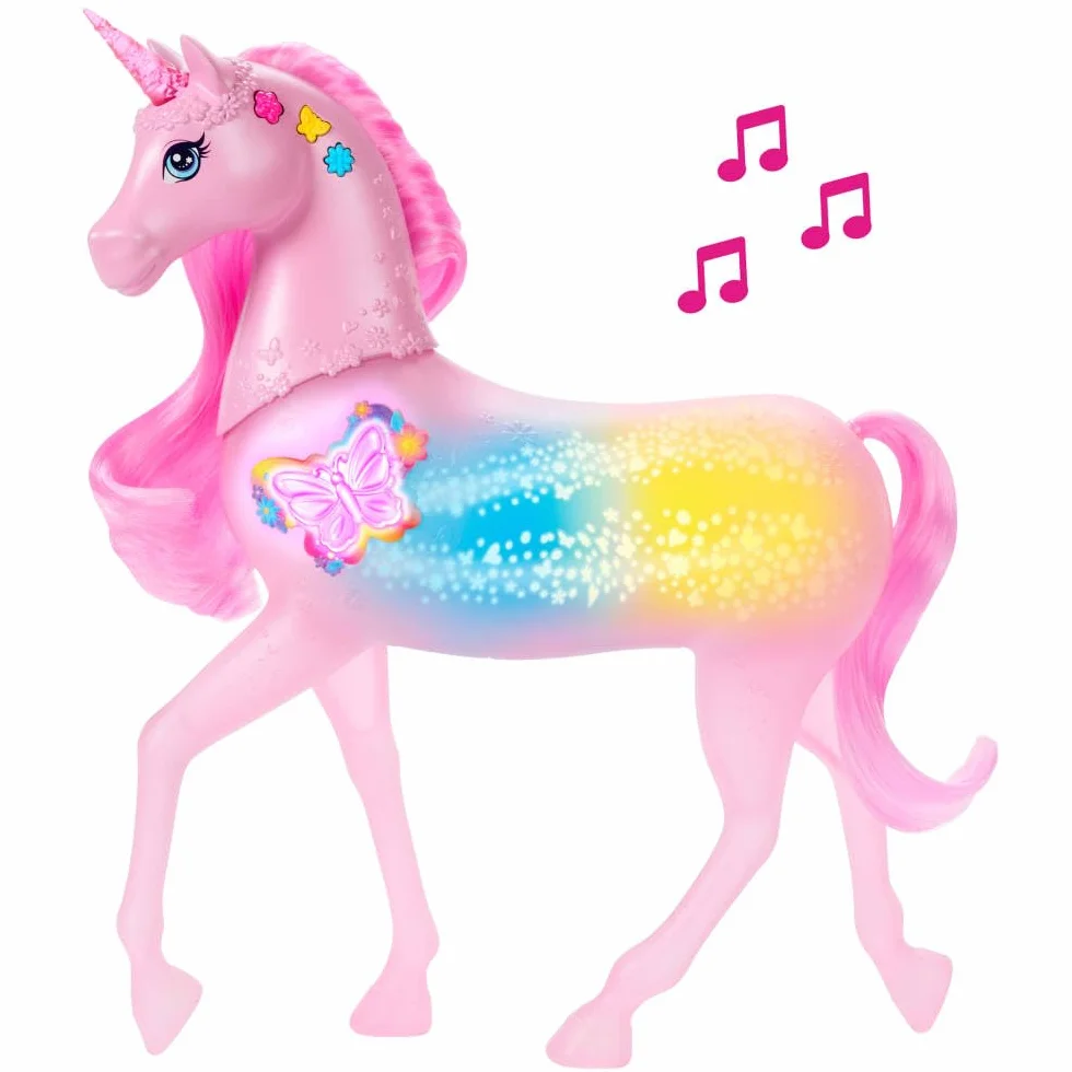 Barbie Magiczny jednorożec Baśniowe światełka Interaktywna zabawka jednorożec z 20 kombinacjami światełek, dźwięków i muzyki, zabawa aktywowana naciskaniem przycisków i głowy, JCP78