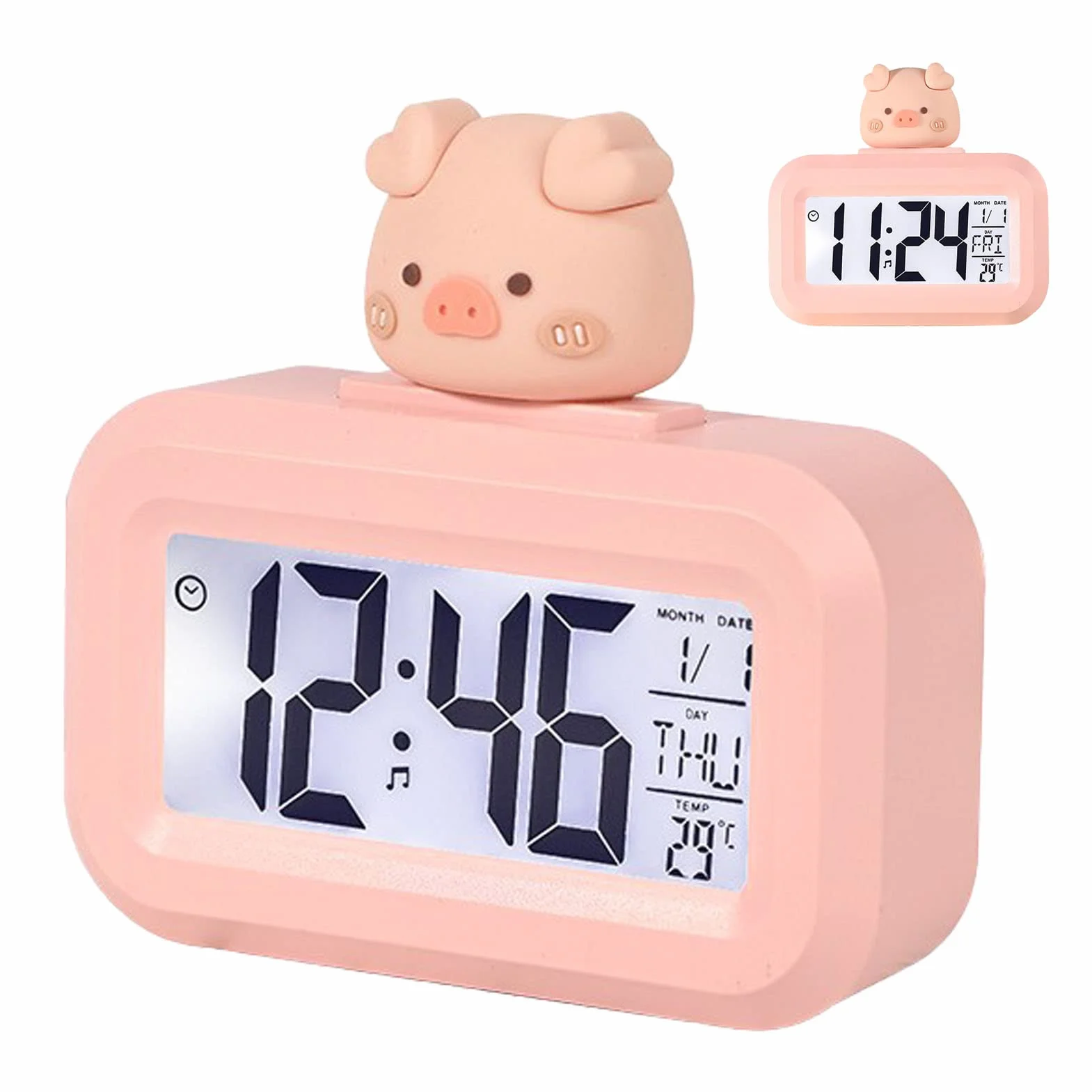 Śliczny Elektroniczny Alarm, Rysunkowy Ekran LED, Elektroniczny Zegar, Wyraźny Wyświetlacz, Ochrona Oczu, Cyfrowy do Sypialni Dziecięcej (Różowa świnka)