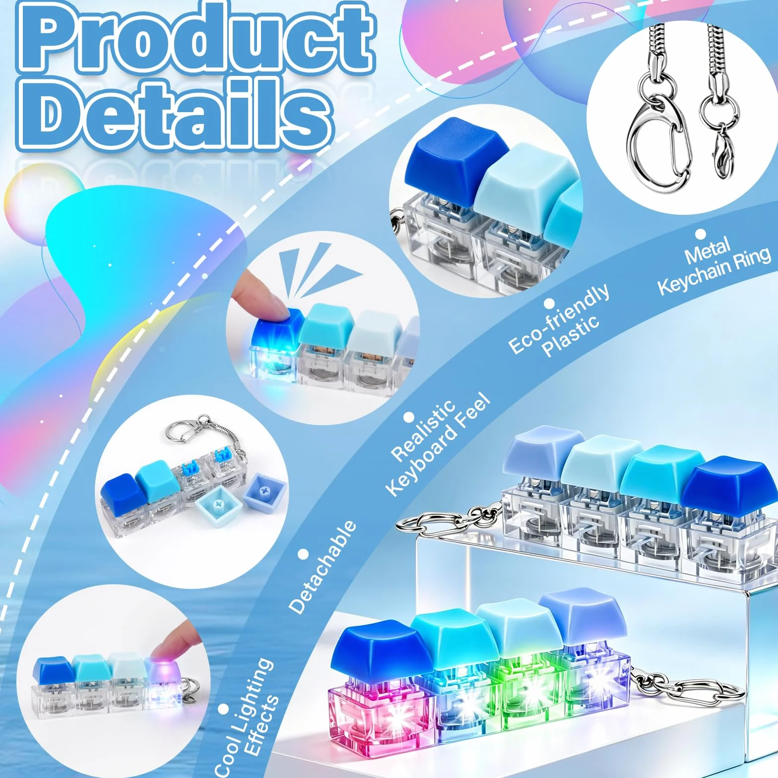 Zabawka Fidget Toys, 2 sztuki, zabawne, kolorowe zabawki fidget dla dorosłych ze światłem LED, klawiatura Fidget Keyboard, breloczek do kluczy, antystresowe, zabawka do strachu, biura, szkoły, podróży