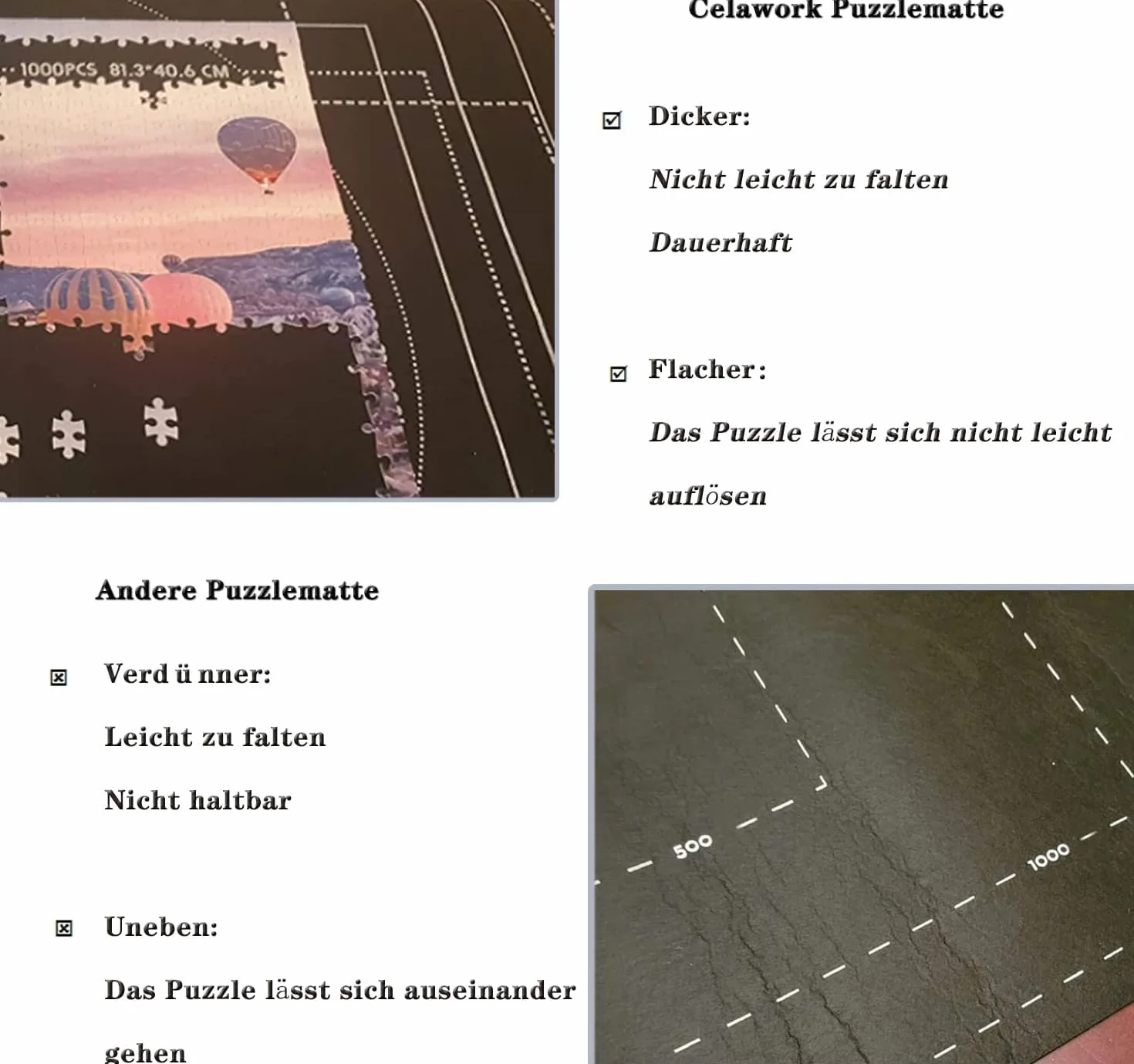 Celawork Mata puzzli do BIS 200, 500, 1000 elementów - podkładka pod puzzle, mata rolowana do przechowywania (czarna, do 1000)