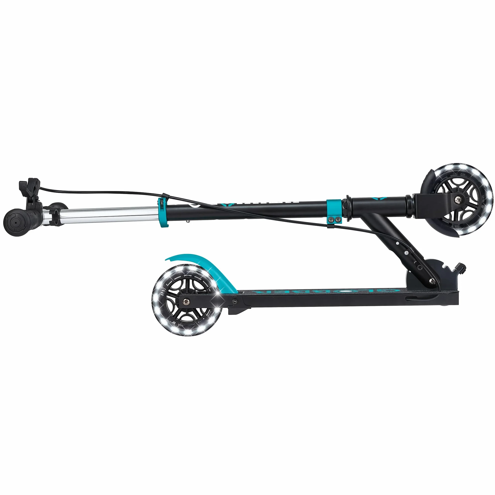 Globber FLOW ELEMENT JUNIOR LIGHTS składana hulajnoga na 2 koła z hamulcem tylnym, regulowaną kierownicą i diodami LED, dla dzieci w wieku od 4 lat, turkusowa