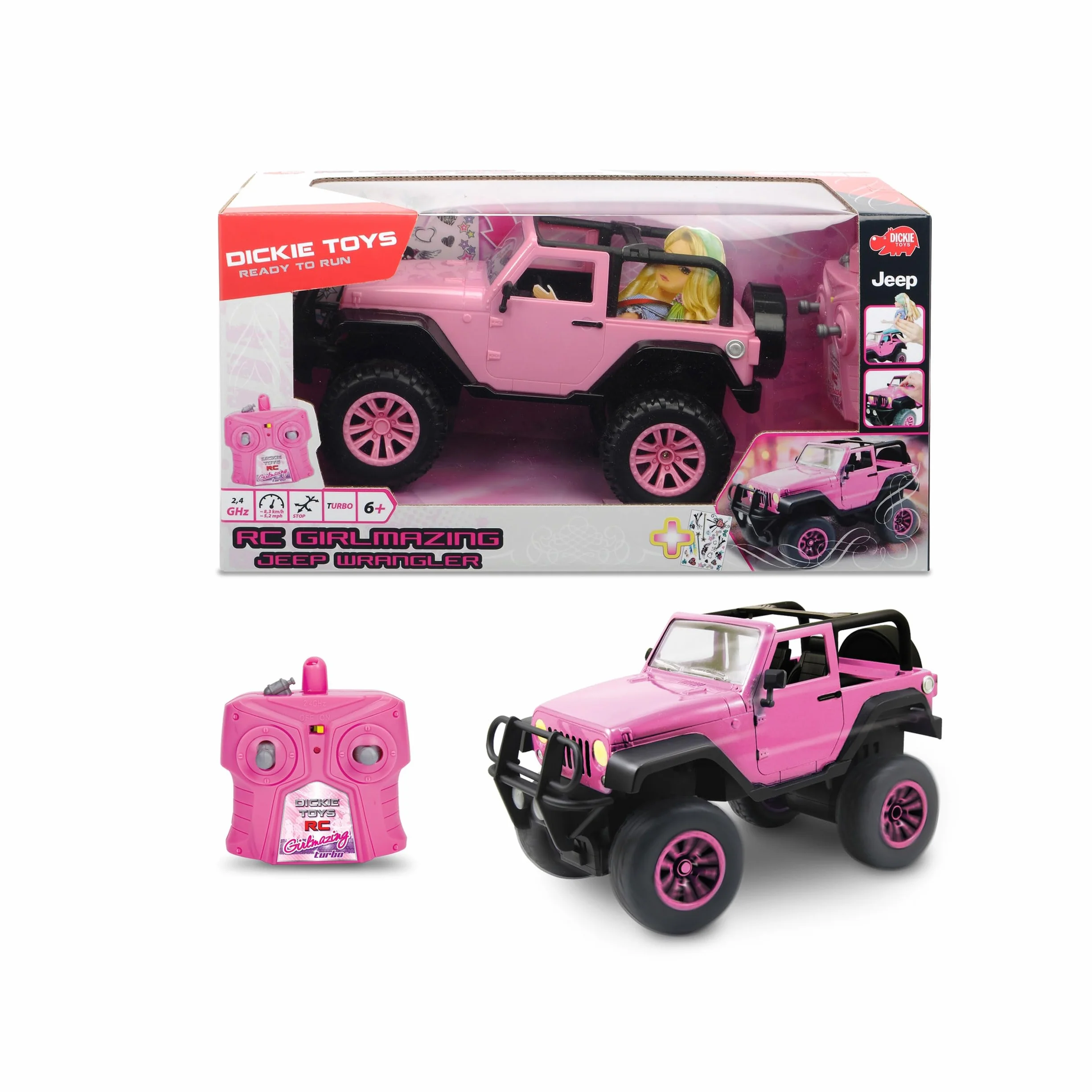 Dickie Toys RC SUV Girlmazing samochód zdalnie sterowany Jeep Wrangler, z 2 kanałami, 2,4 GHz, Turbo, w zestawie naklejki, od 6 lat, błyszczący metaliczny róż.