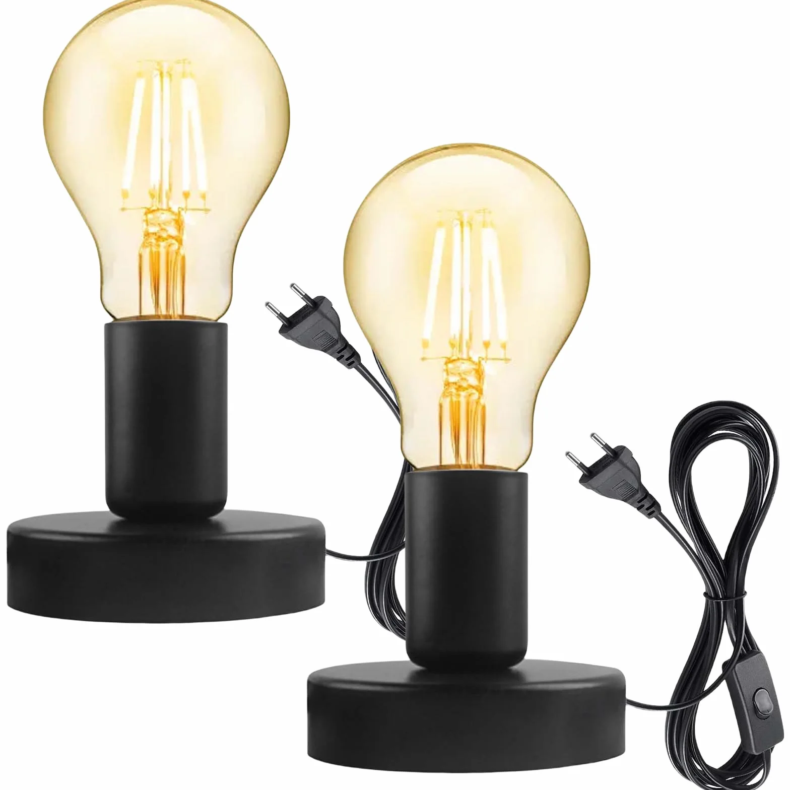 Leikurvo 2 sztuki lamp biurkowych E27 z przełącznikiem kablowym, lampa stołowa w stylu vintage, oprawa E27, przemysłowa lampa biurkowa z wtyczką, do dekoracji domu, kawiarni, baru (bez lampy)