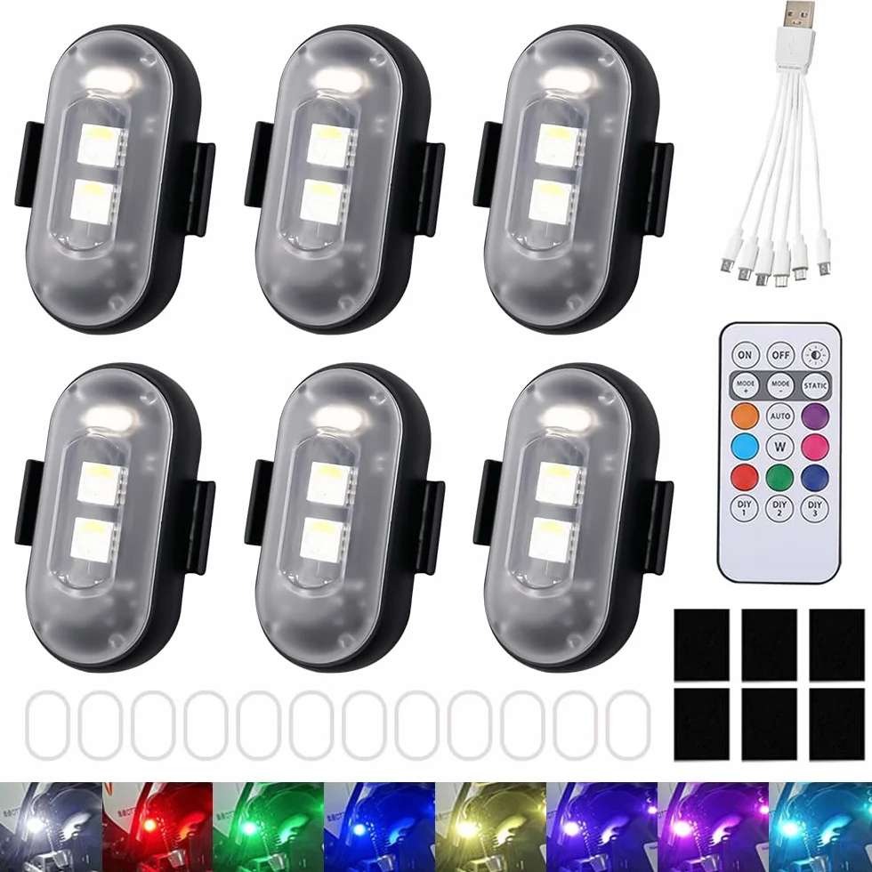 6 sztuk stroboskopowego drona, 8 kolorów, bezprzewodowe światła LED, stroboskopowe światła drogowe, z pilotem zdalnego sterowania, ładowanie przez USB, antykolizyjne światła do drona, motocykla
