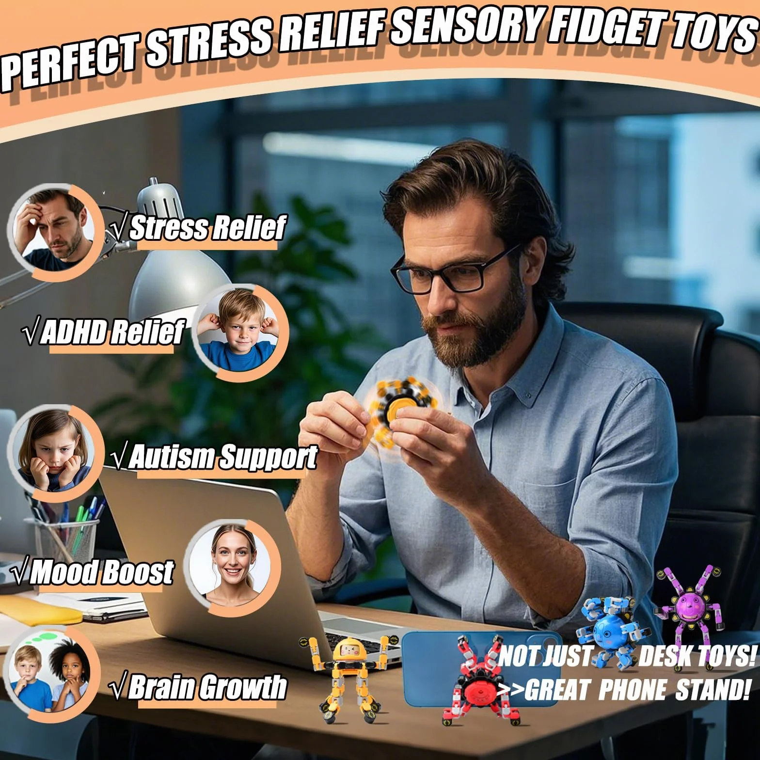 Felly Fidget Gry Spinner 4 sztuki, Przekształcający się Robot Fingertip, Zabawki antystresowe dla dorosłych, zabawki sensoryczne dla ADHD Autyzm lęk, śmieszne DIY żyroskop, kreatywny prezent biurowy