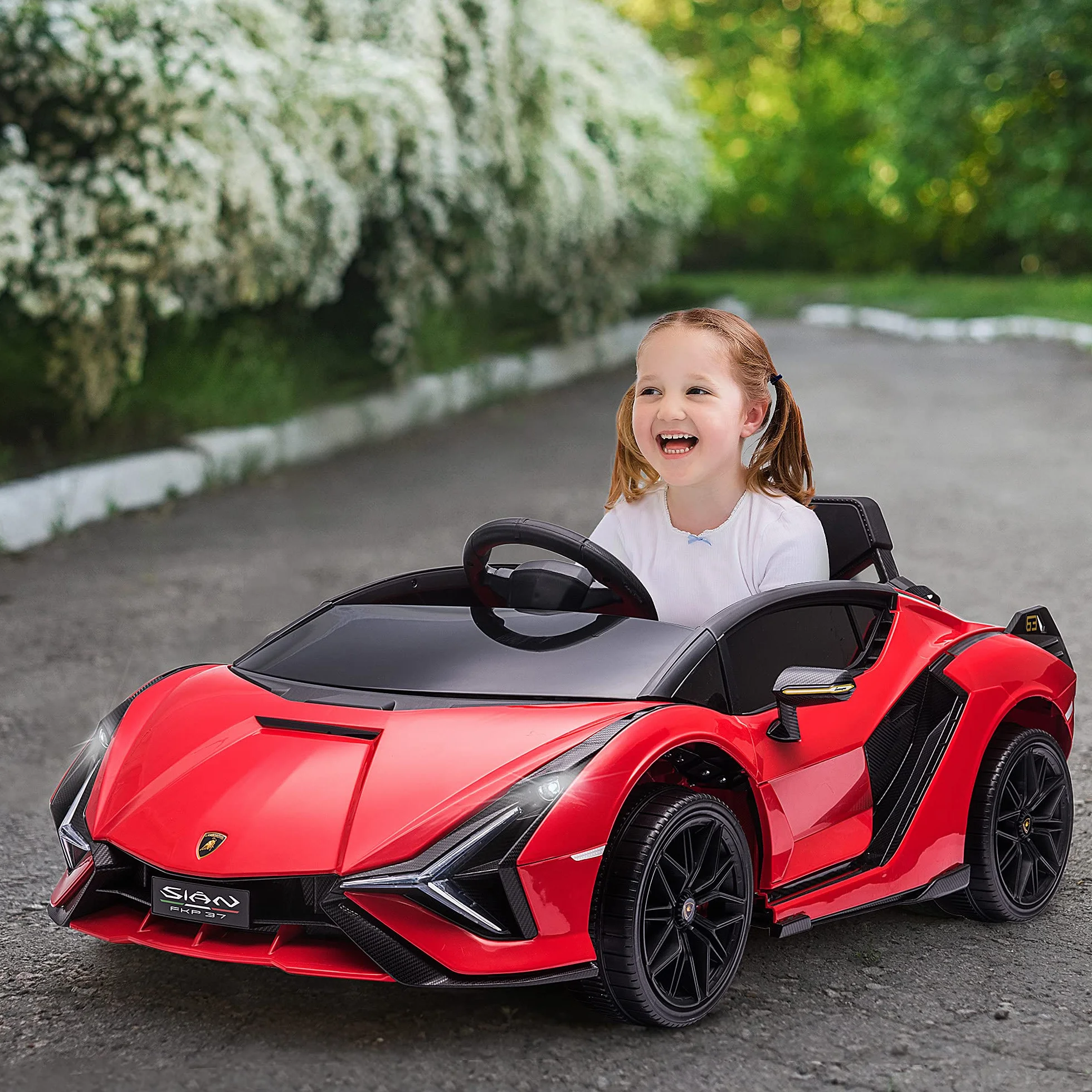 HOMCOM Licencjonowany samochód elektryczny dla dzieci Supercar Lamborghini Sian 12 V - V. Max. 5 km/h z pilotem 2,4G Efekty dźwiękowe + czerwone światło