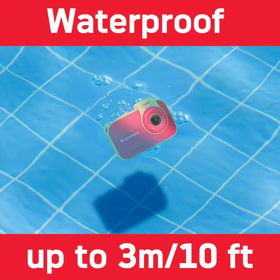 AgfaPhoto Realikids Cam Waterproof 2 - wodoodporny aparat dziecięcy 12 MP, wideo HD, tryb selfie, filtry i ramki, wbudowane gry, bateria litowa - czerwony