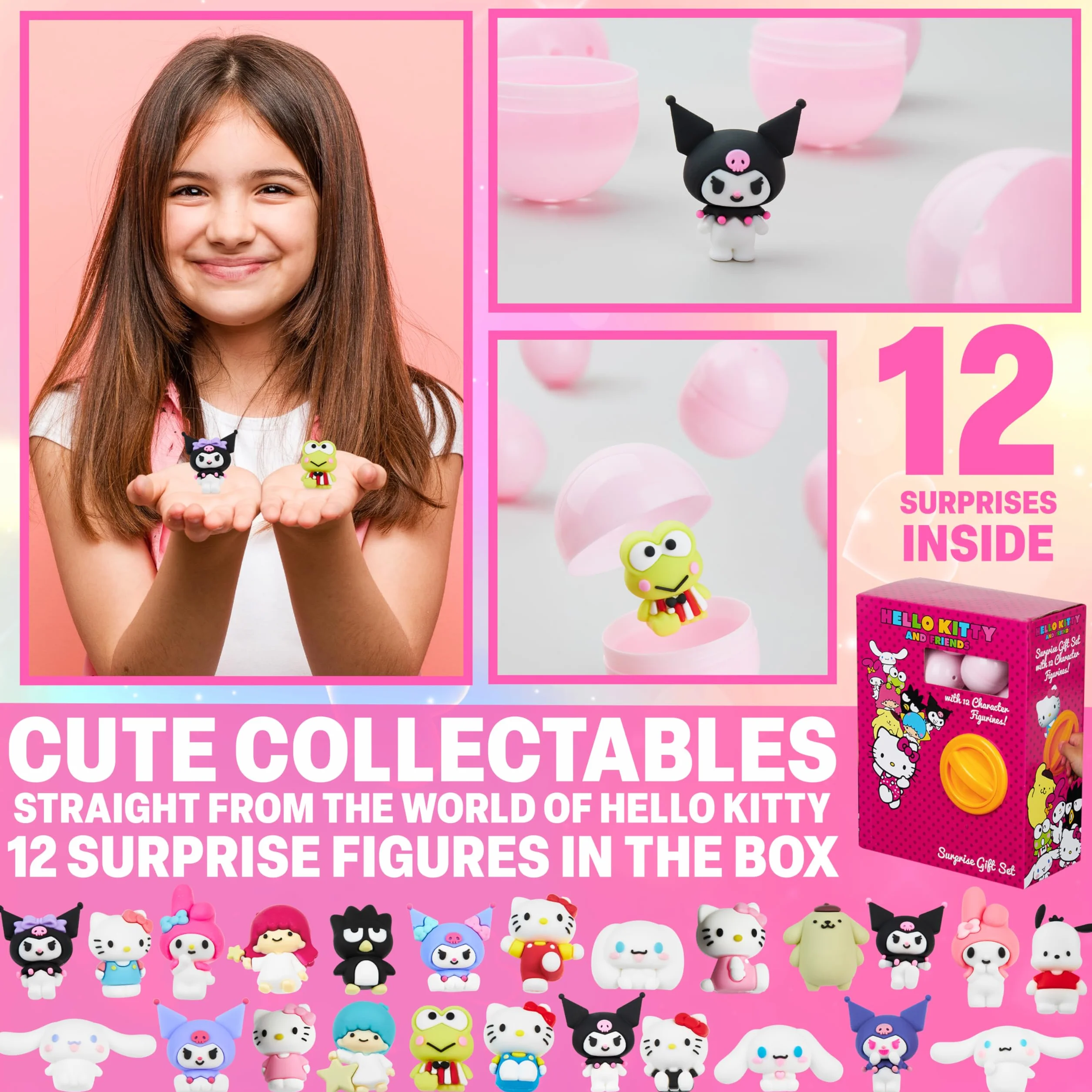 Hello Kitty Sanrio Zestaw figurek 3D, 12 szt., Kuromi Cinnamoroll, kolekcjonerska miniaturowa figurka w kapsułkach, dekoracje biurka i stołu, prezenty dla niej (losowe 12 szt.)