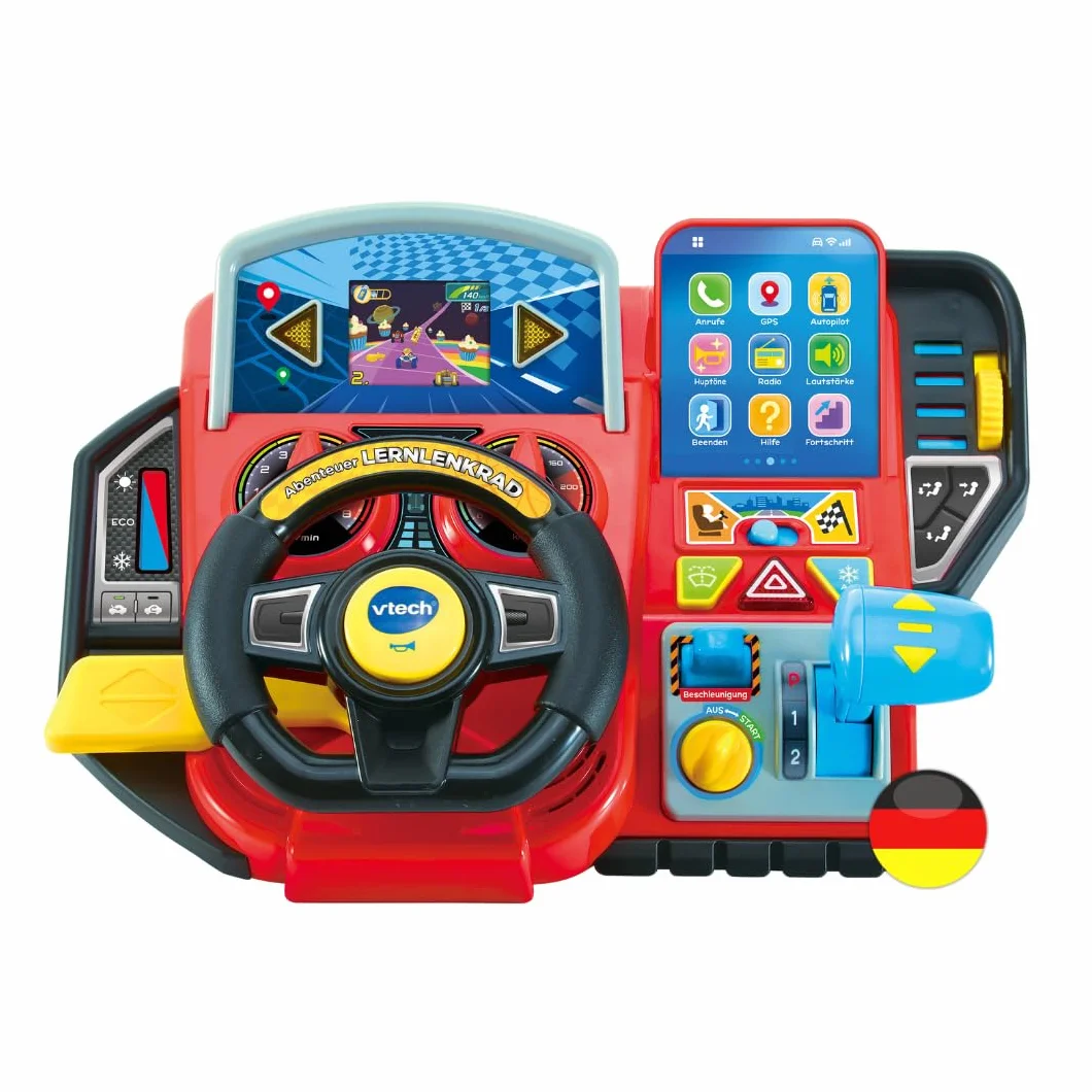 VTech Przygodowa kierownica do nauki – interaktywna kierownica z kolorowym ekranem LCD, 3 tryby gry, liczne treści edukacyjne i 23 melodie – dla dzieci w wieku 3-7 lat