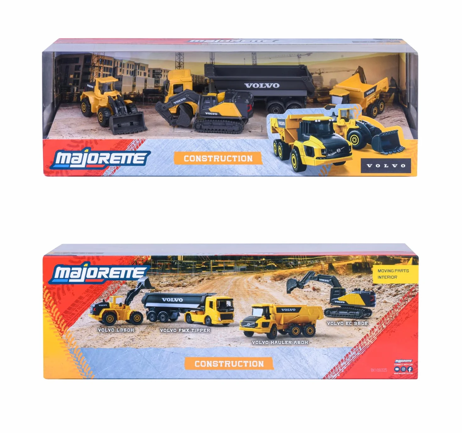 Majorette 212057287 VOLVO 4-częściowy zestaw prezentowy 4 pojazdy budowlane metalowe die cast: koparka, wywrotka, ciężarówka, spychacz - ładowarka, zabawa w piaskownicy dla dzieci od 3 lat