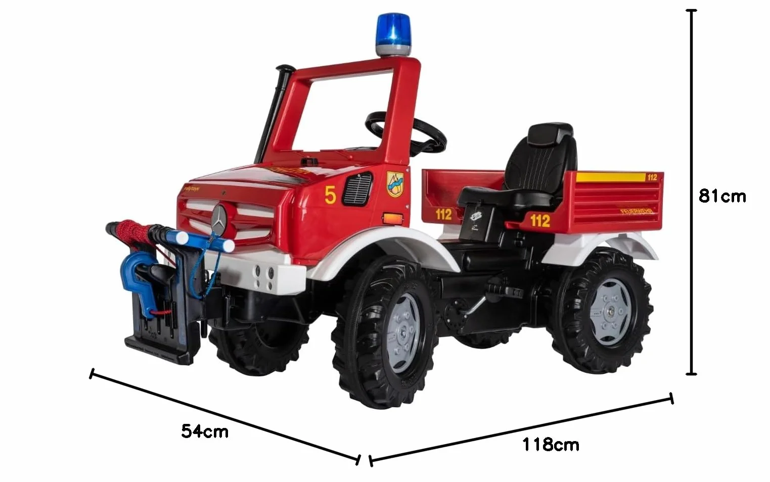 Rolly Toys 38299 rollyUnimog straż pożarna Unimog z wciągarką linową rollyPowerwinch (Pojazd z pedałem dla dzieci, regulacja siedziska, cicha opona, hak przedni i tylny, samochód strażacky), czerwony