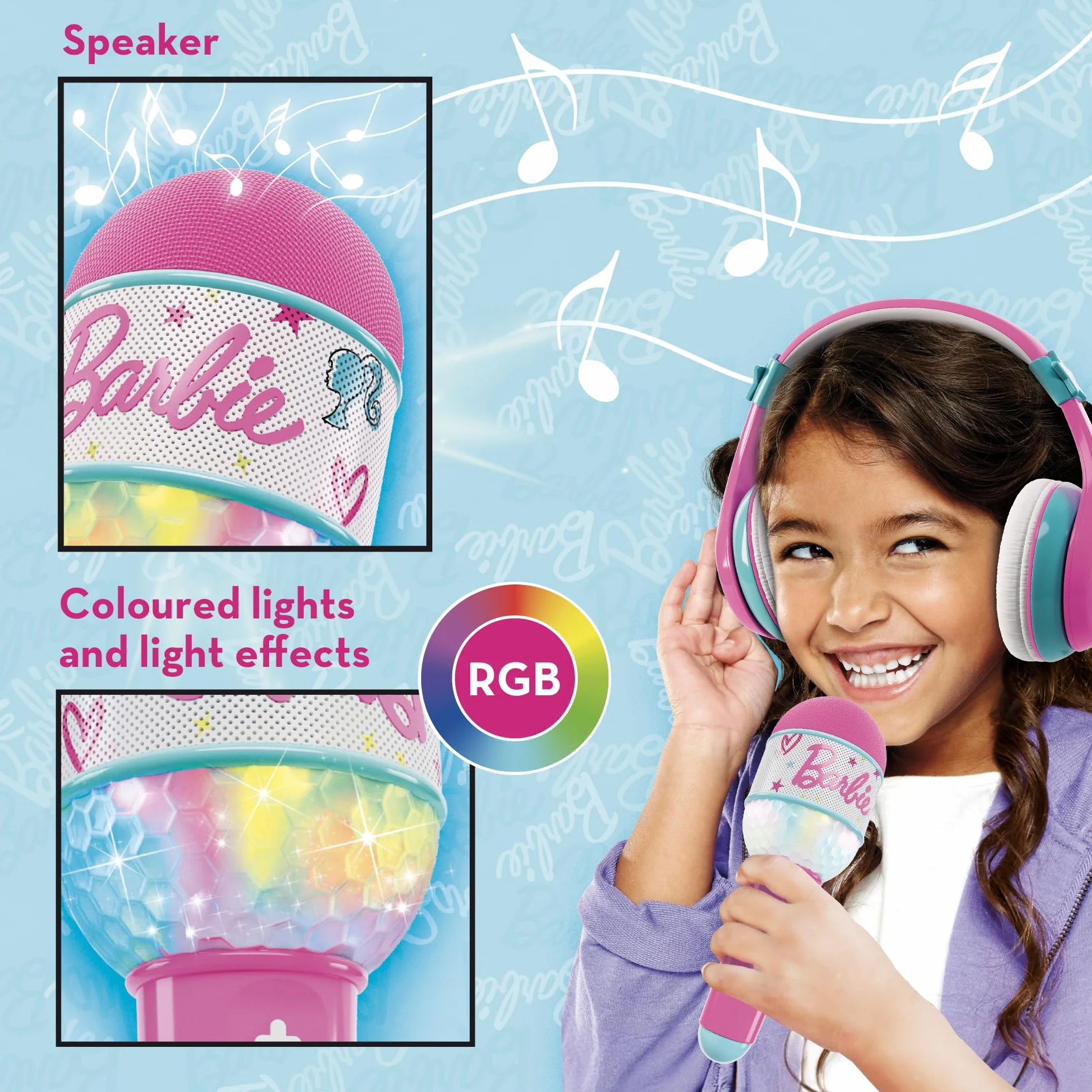 LISCIANI Dźwięk Barbie, mikrofon Bluetooth z głośnikiem, różowy, zestaw karaoke dla dzieci, muzyka i śpiew, połączenie smartfona, wielokolorowy efekt świetlny, dzieci od 4 lat