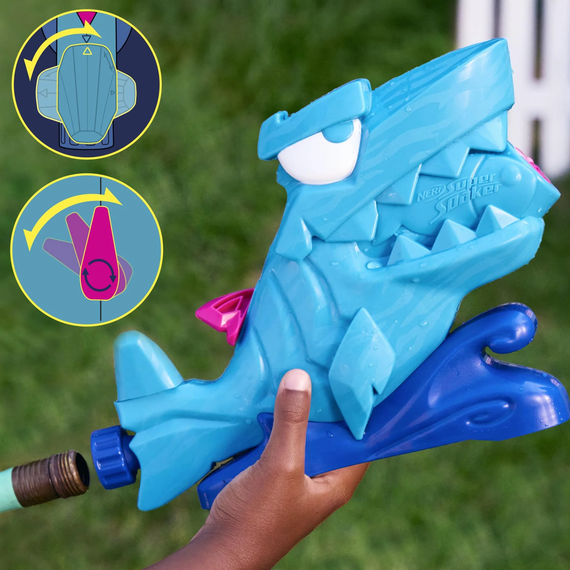 Zabawka wodna Nerf Super Soaker Hop & Chomp, polewanie strumieniami wody, kłapiąca szczęka, podłączanie do węża ogrodowego, zabawki dla dzieci do wodnej zabawy poza domem, wiek: od 3 lat
