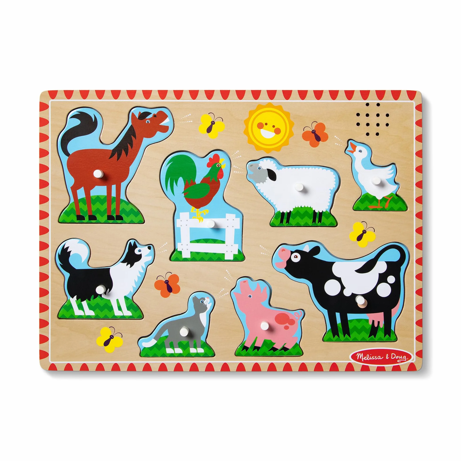 Melissa & Doug Puzzle dźwiękowe ze zwierzętami gospodarskimi, drewniane kołki, zabawka edukacyjna dla dzieci w wieku 2-4 lat