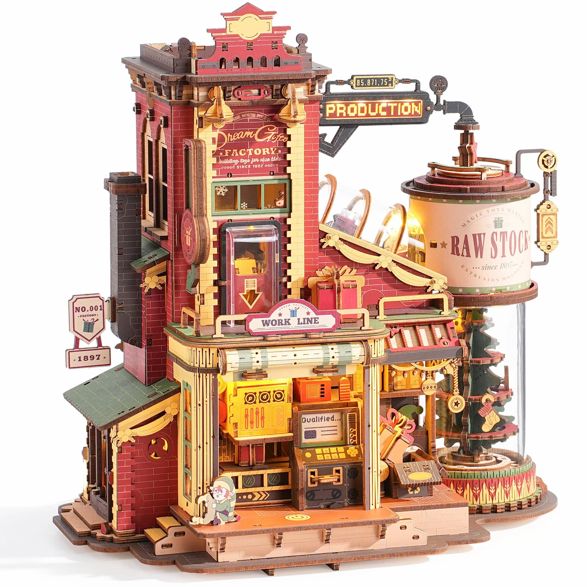 ROBOTIME Zestawy puzzle 3D, drewniane modele do budowy dla dorosłych - retro, vintage, zabawka, produkcja, rzemiosło, zestaw do budowania modeli z muzyką, światłami i 5 elfami dla dzieci, fabryka