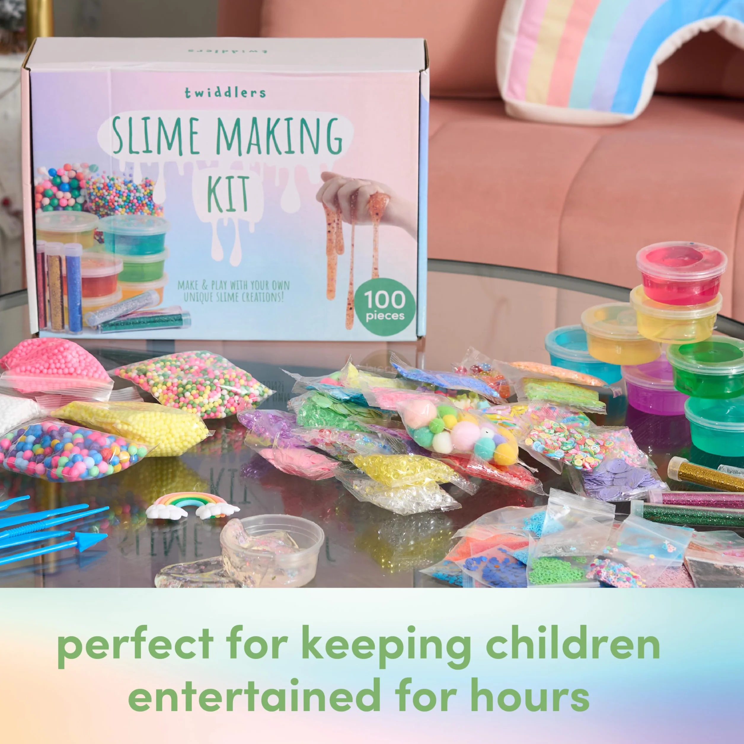 The Twiddlers - 100 Piece Slime Making Kit Gift Set for Kids - Crystal Beads, Glitters and Decorations, DIY Arts & Crafts Toys