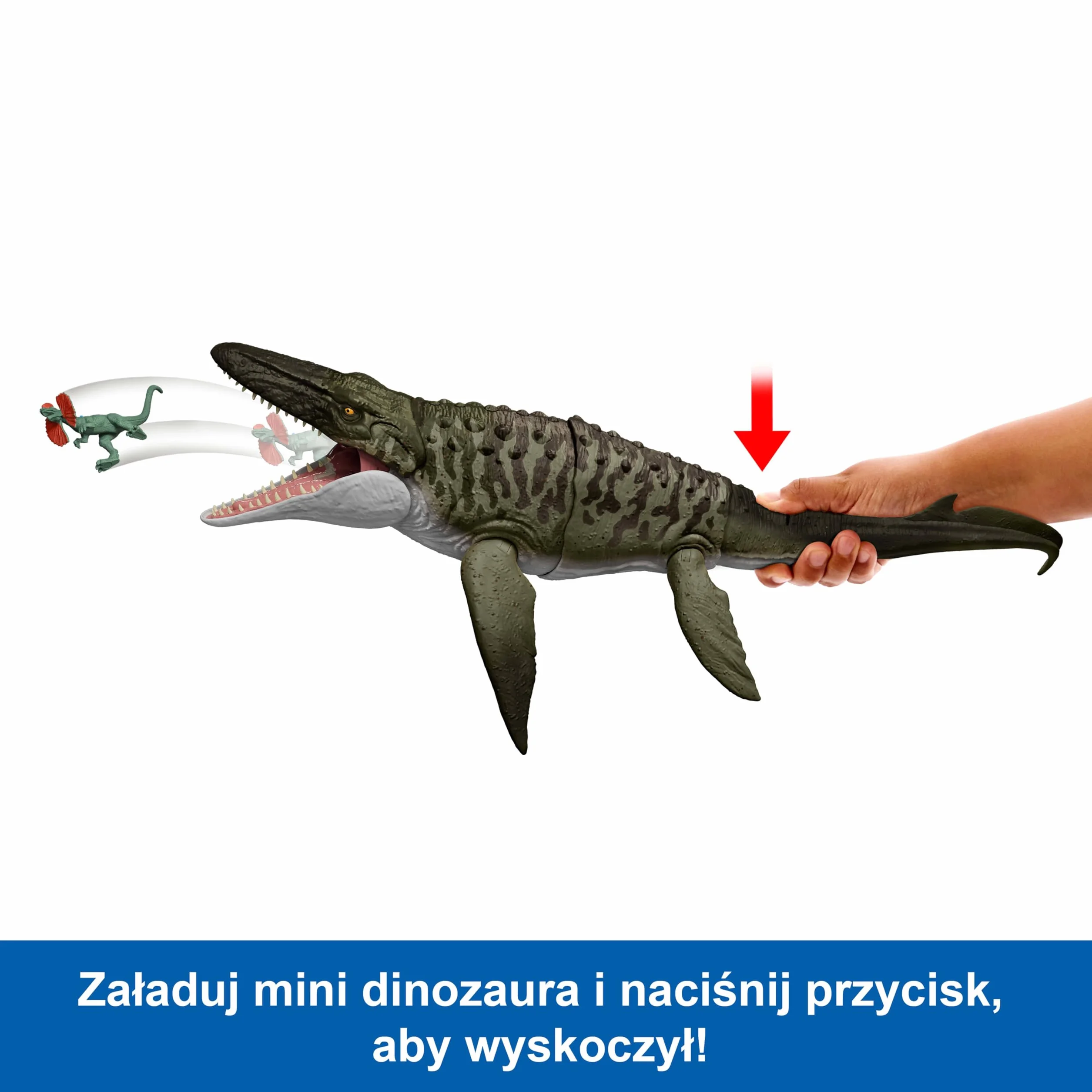 Mattel Jurassic World: Odrodzenie Mozazaur Atak paszczą Bite ‘n Blast Zestaw figurka Mozazaur z otwieraną szczęką oraz minifigurka Dilofozaur, zabawka dinozaur dla dzieci, zabawa wirtualna, JJP80