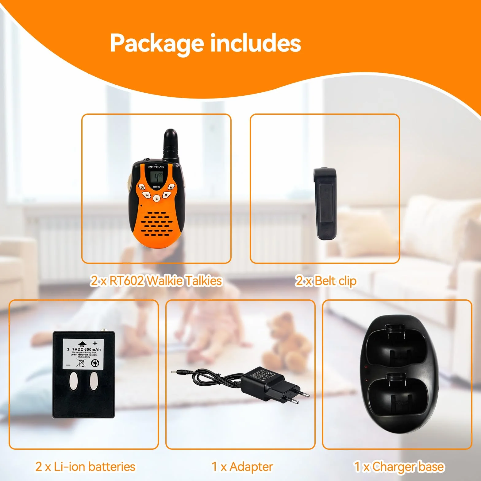 Retevis RT602 Kids Walkie Talkies Akumulator PMR446 8-kanałowy Latarka VOX Dzieci Walkie Talkie z bateriami litowo-jonowymi i ładowarką (pomarańczowy, 1 para)