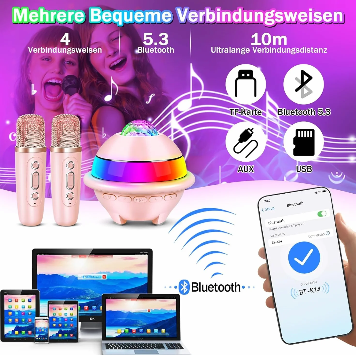 JONRRYIN Zestaw do karaoke z 2 mikrofonami, przenośna maszyna do karaoke Bluetooth dla dzieci ze światłem dyskotekowym i 5 efektami dźwiękowymi, głośnik Bluetooth dla dzieci, muzyka, prezent na Boże