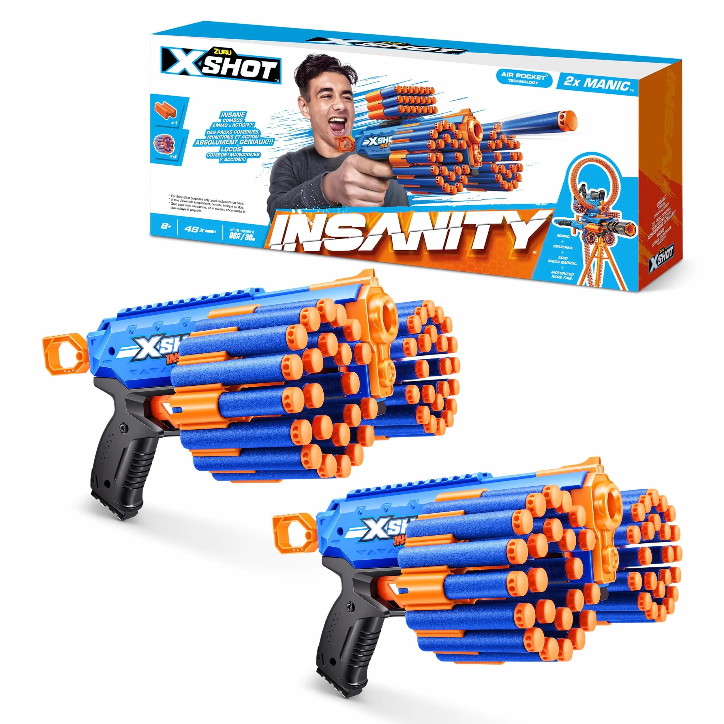 XSHOT Insanity Manic Blaster Dual Pack by ZURU with 48 Darts, Air Pocket Technology Darts and Dart Storage, Outdoor Toy for Boys and Girls, Teens and Adults