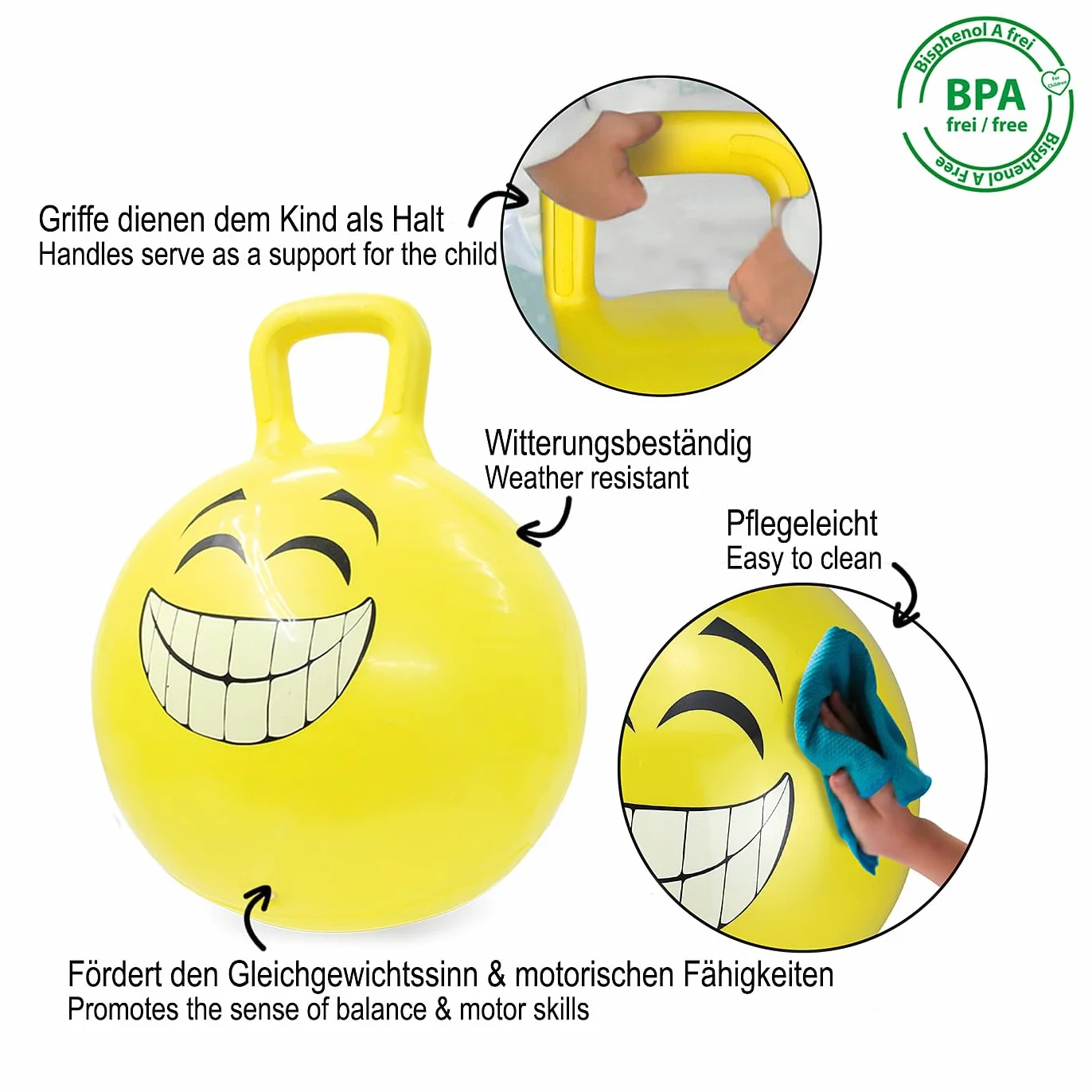Jamara 460457 piłka do skakania Smile żółta, 450 mm – do 50 kg, wspomaga zmysł równowagi i motoryczne, wytrzymała i łatwa w utrzymaniu