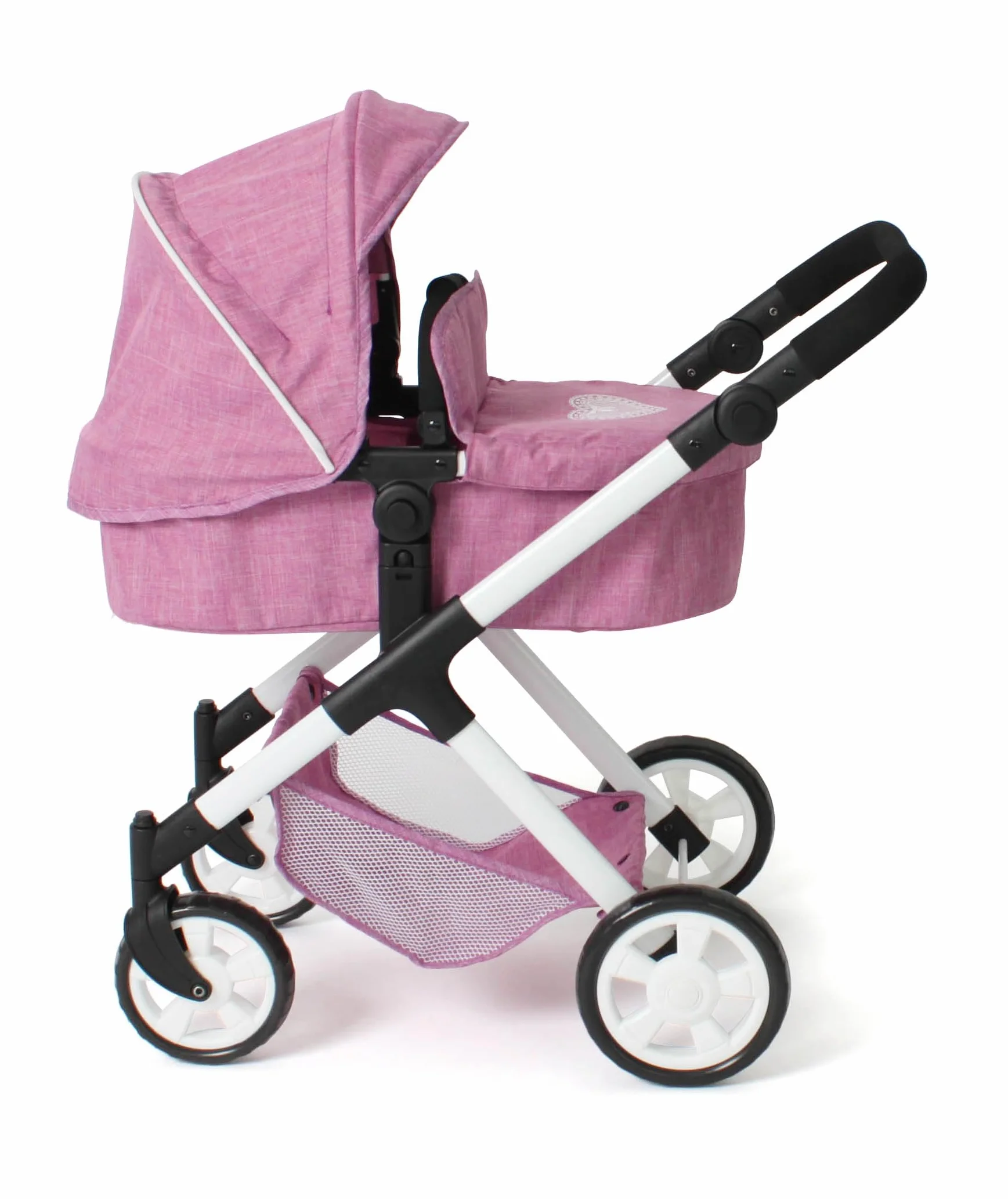 Bayer Chic 2000 2 w 1 wózek dla lalek Mila – dżinsy różowe – uchwyt z regulacją wysokości 39-72 cm – nowoczesny stelaż – lalki do 50 cm – 3-7 J.