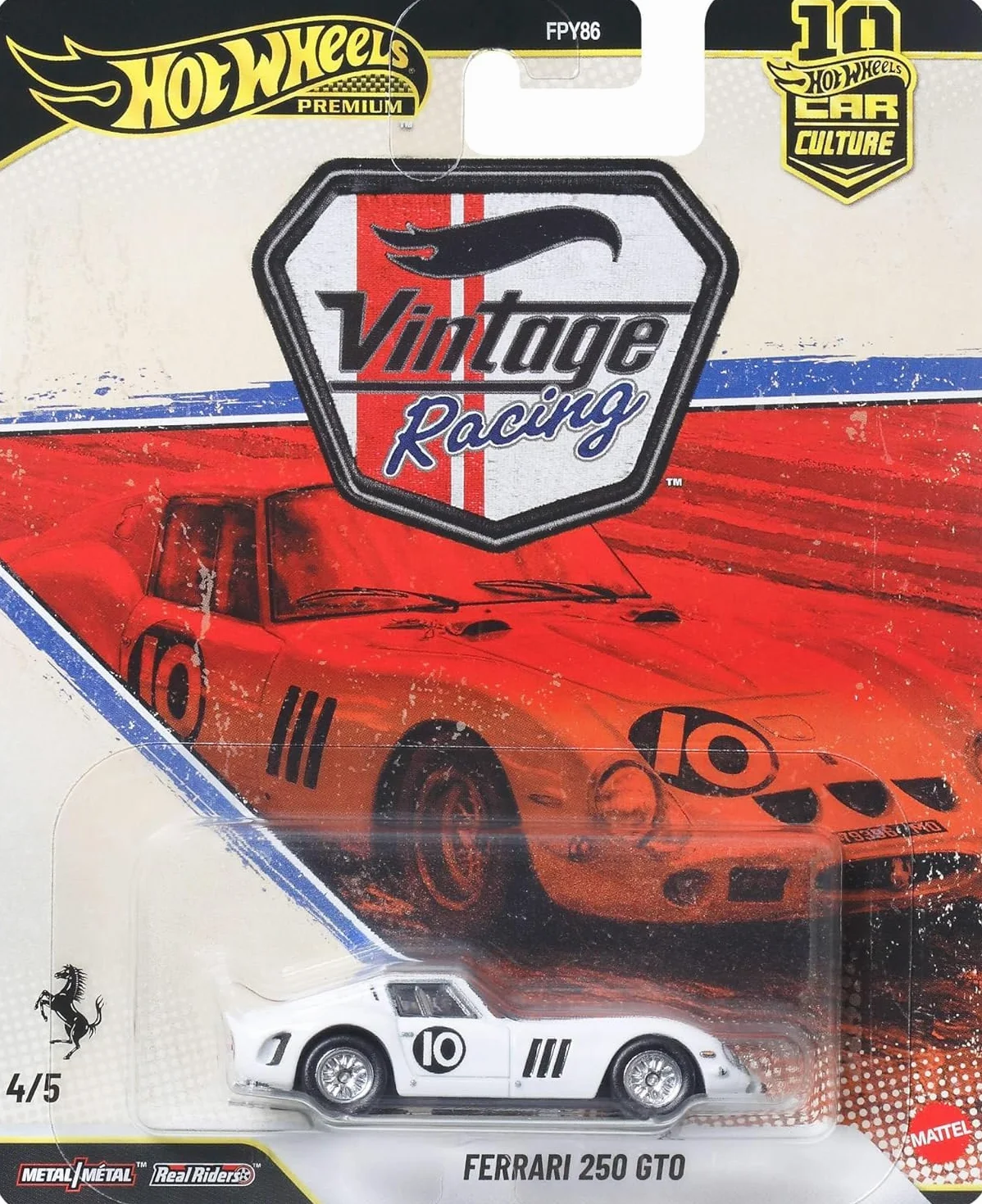Hot Wheels Premium Car Culture Kultowe auta Samochodzik Ferrari 250 GTO, metalowe auto w skali 1:64, opony Real Riders, metalowa konstrukcja, zabawka dla dzieci 3+ i kolekcjonerów, JKF25