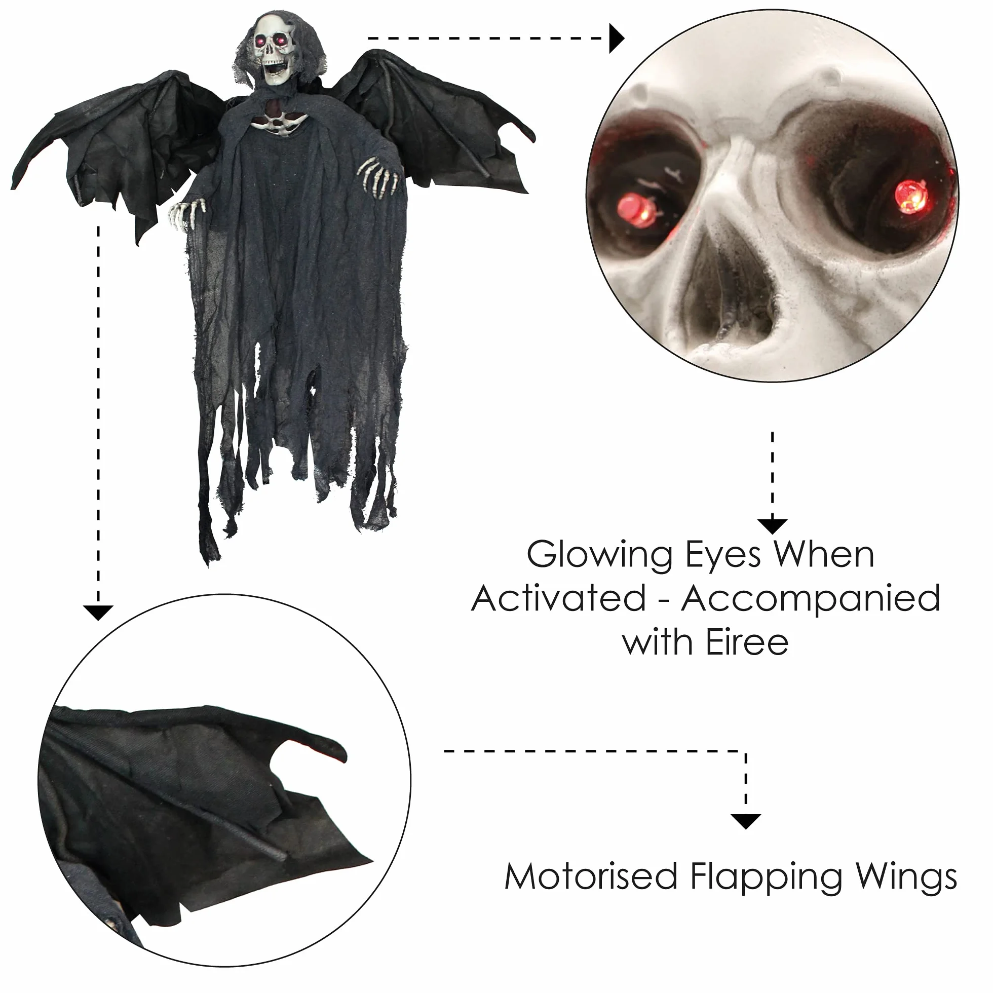 I LOVE FANCY DRESS LTD Ponure Reaper Halloween rekwizyt animowana dekoracja ze skrzydłami - czerwone świecące oczy i efekty dźwiękowe - Eerie Reaper z zmotoryzowanymi skrzydłami i głową - rekwizyty na Halloween, 1 opakowanie