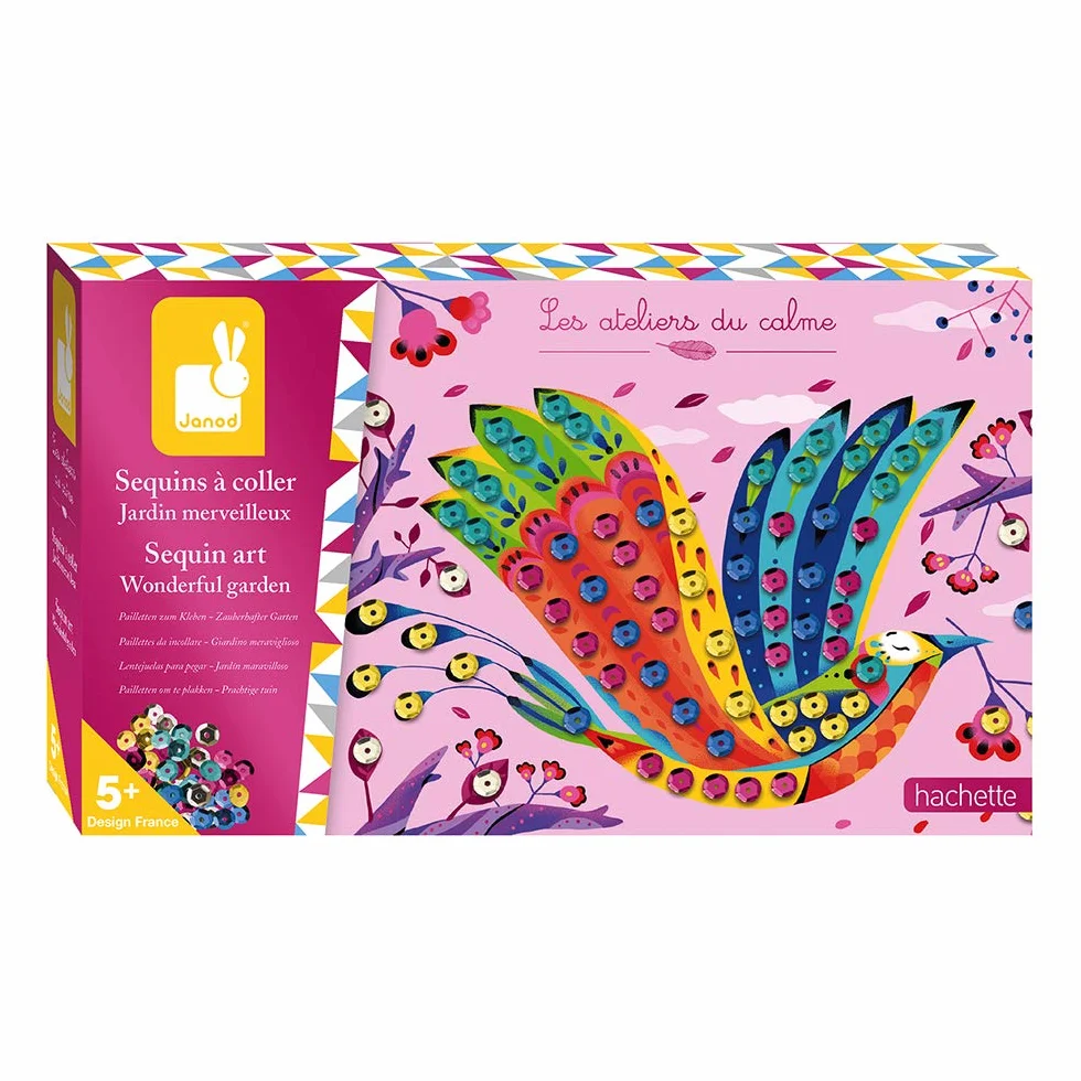 Janod - Wonderful Garden Stick-on Sequin Set - Les Ateliers du Calme - Childrens Creative Leisure Kit - Encourages Fine Motor Skills and Creativity - Suitable for ages 5 and up - J07946