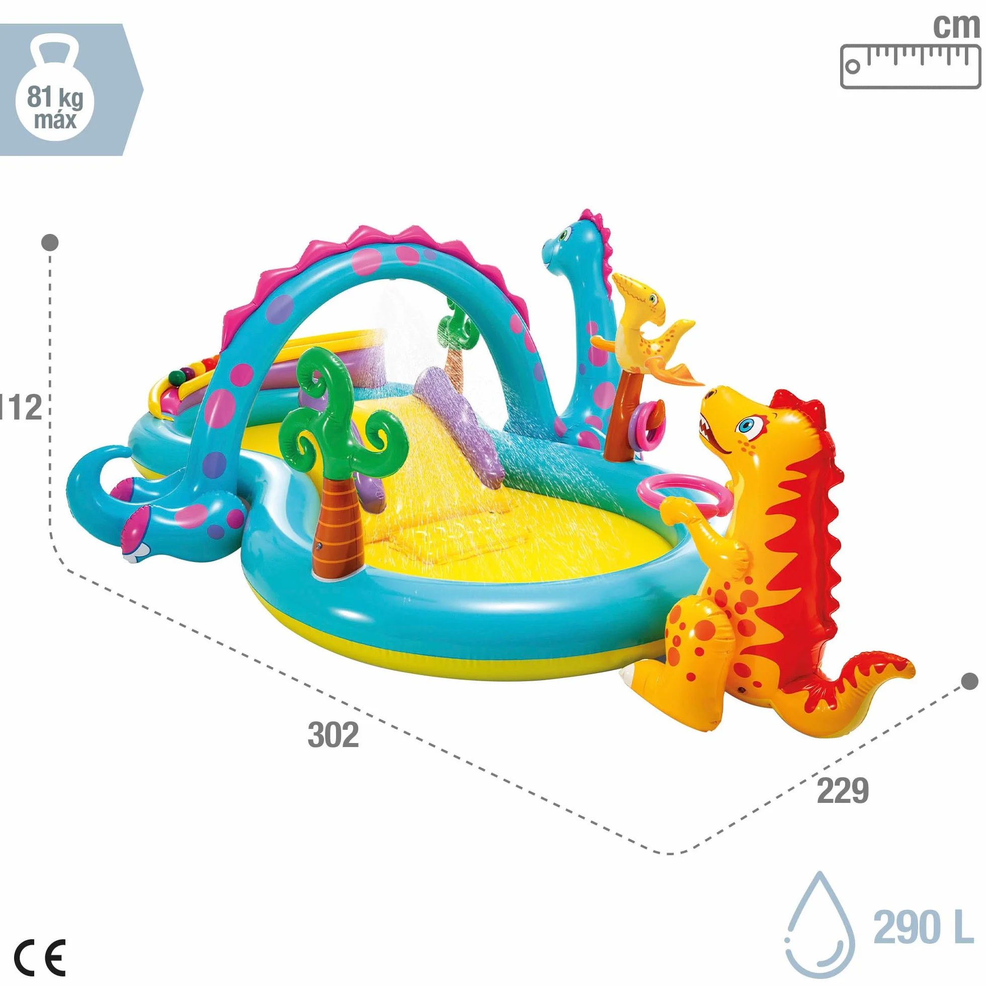 Intex Dinoland Play Center nadmuchiwane centrum zabaw wodnych, różne modele (z wulkanem i bez), wielokolorowe, 333 x 229 x 112 cm, 280 litrów