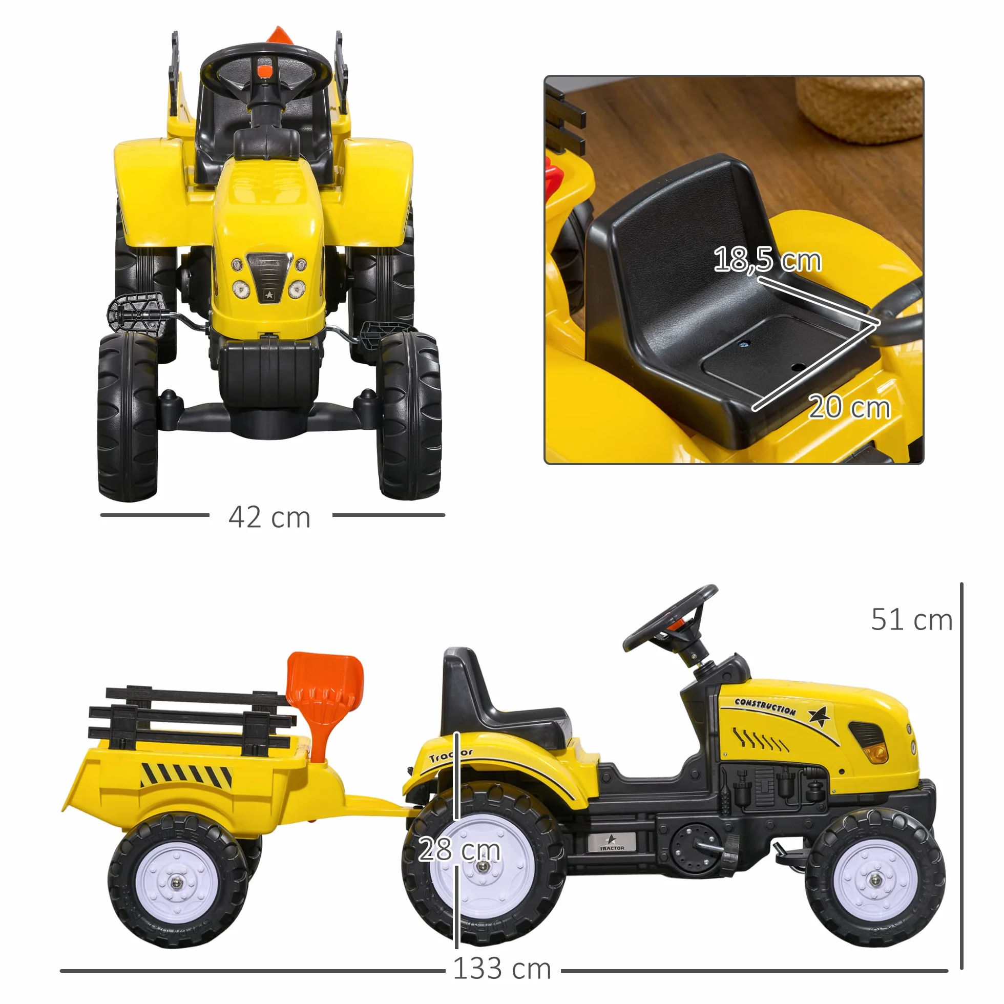 HOMCOM Traktor pedałowy z przyczepą, traktor pedałowy, dla dzieci od 3 lat, do użytku na zewnątrz, do ogrodu, metalowy, żółty, 133 x 42 x 51 cm