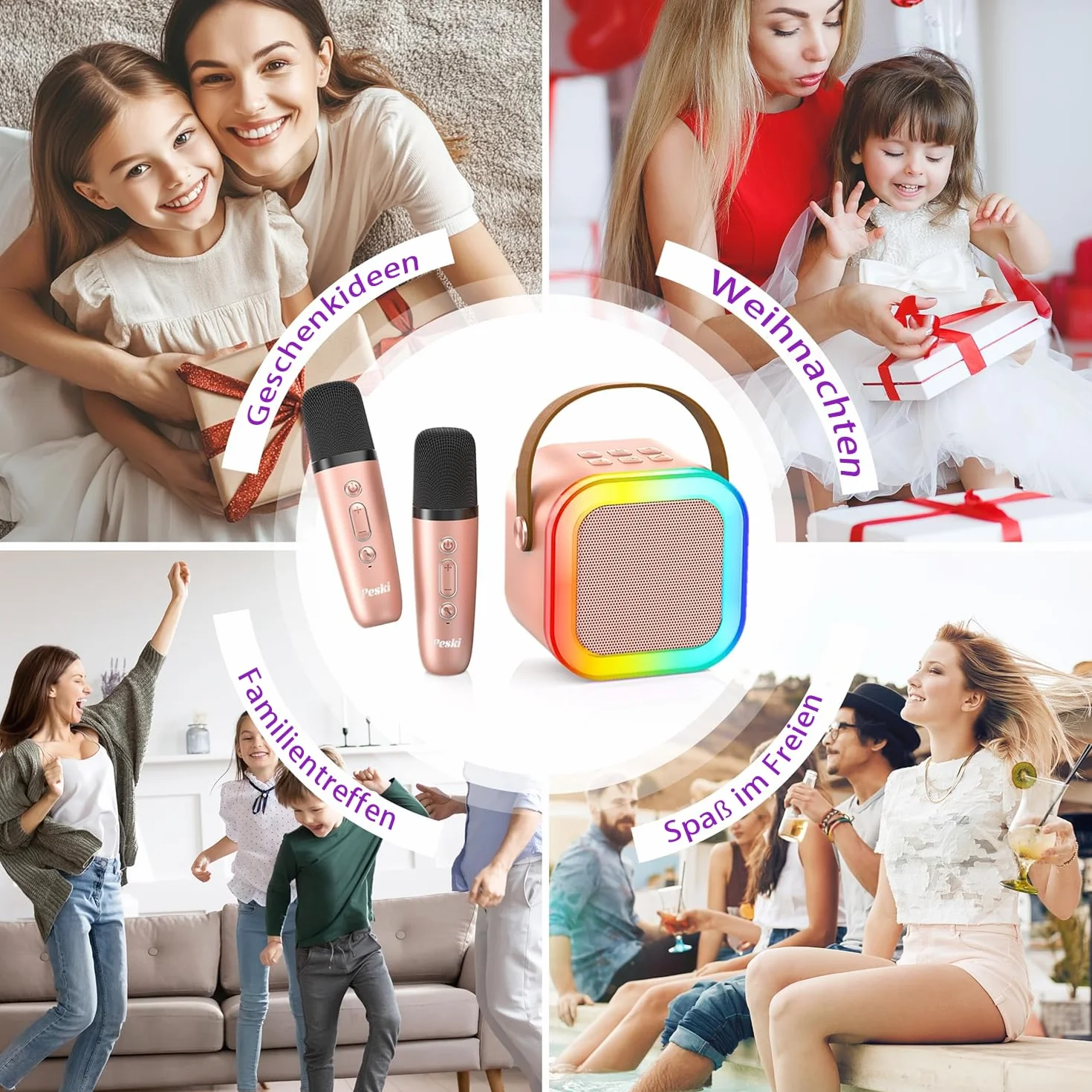 Maszyna do karaoke dla dzieci, mini maszyna do karaoke z 2 mikrofonami Bluetooth, przenośny głośnik Bluetooth z efektami dźwiękowymi i diodami LED, prezent dla dzieci w wieku 3-12 lat, dla dziewcząt i