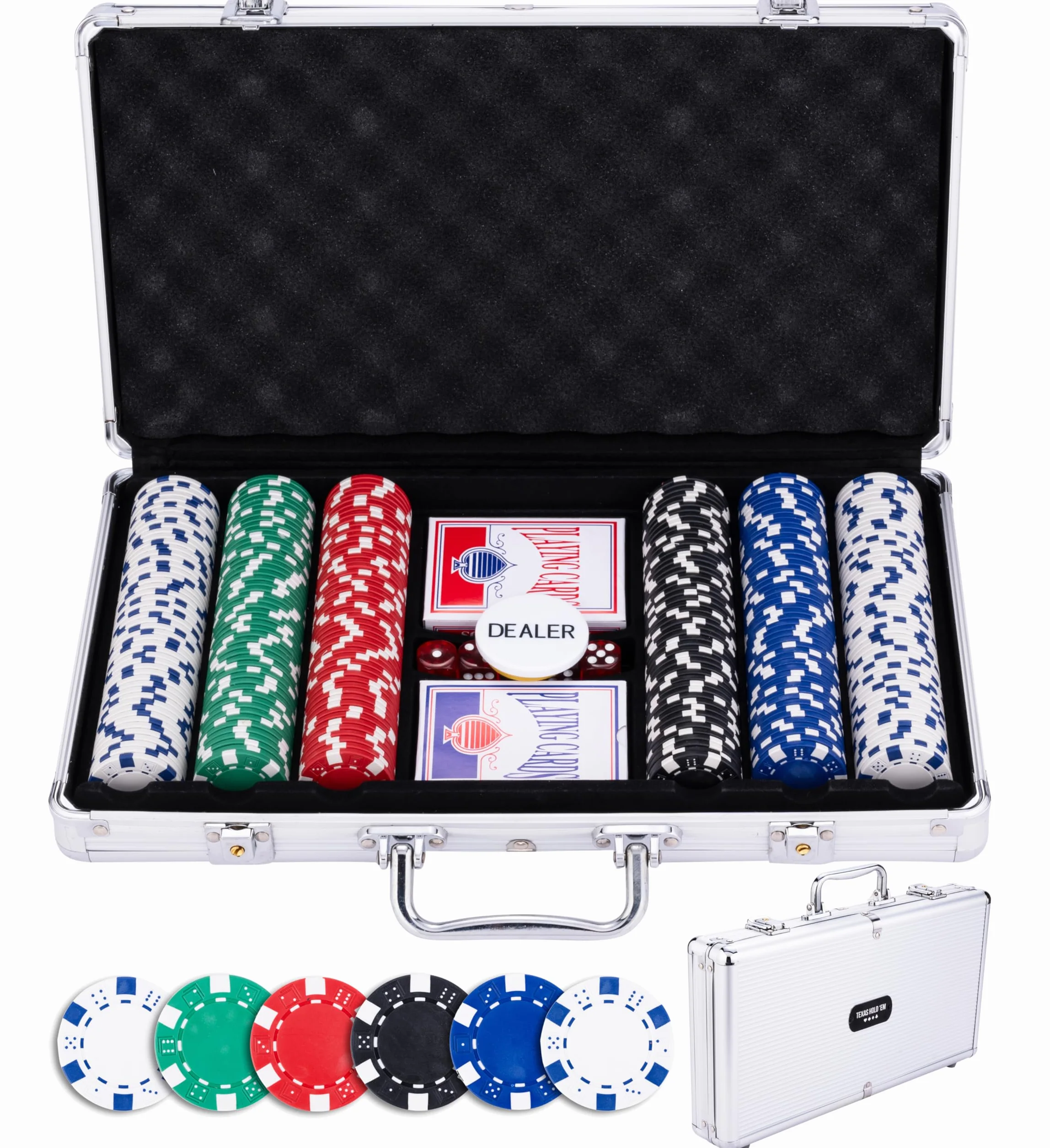 Engelhart – 320910 – Zestaw pokerowy – srebrna walizka – 300 żetonów 11,5g bez numerów – 2 talie – 3 przyciski – 5 kości