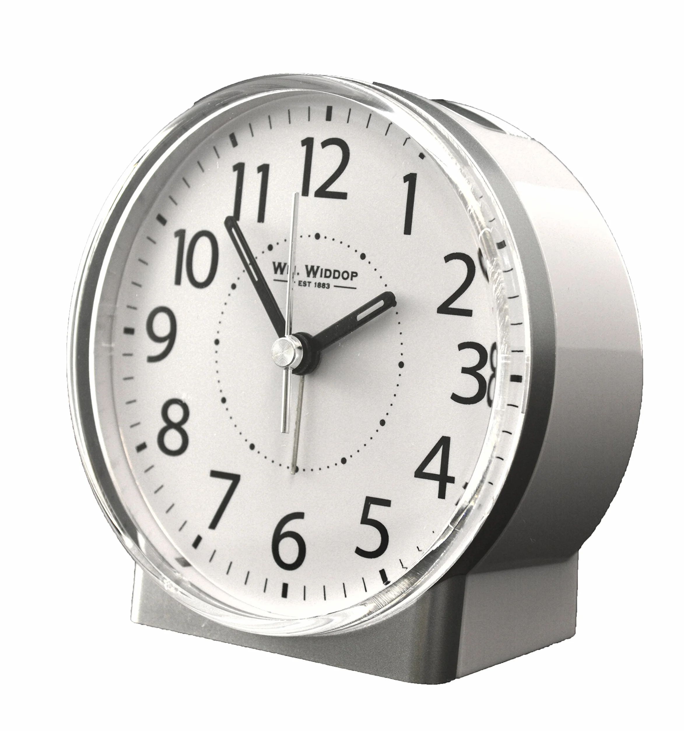 White Alarm Clock with Silent Sweep No Ticking Feature Plus drzemka, Auto Shut off & Light by Widdop Bingham