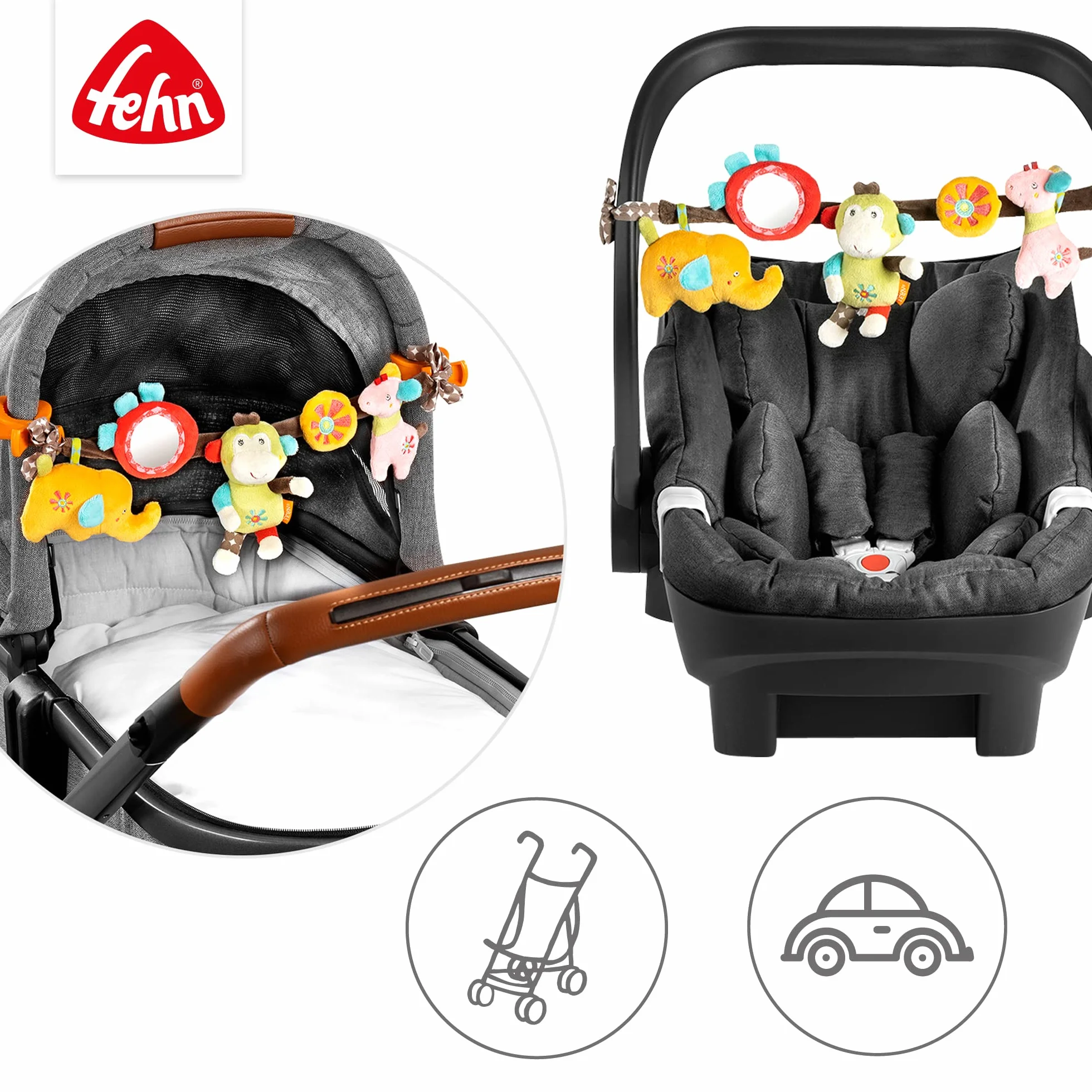 Fehn 74550 Łańcuszek do Wózka Dziecięcego Safari, Wielokolorowy, 45 cm