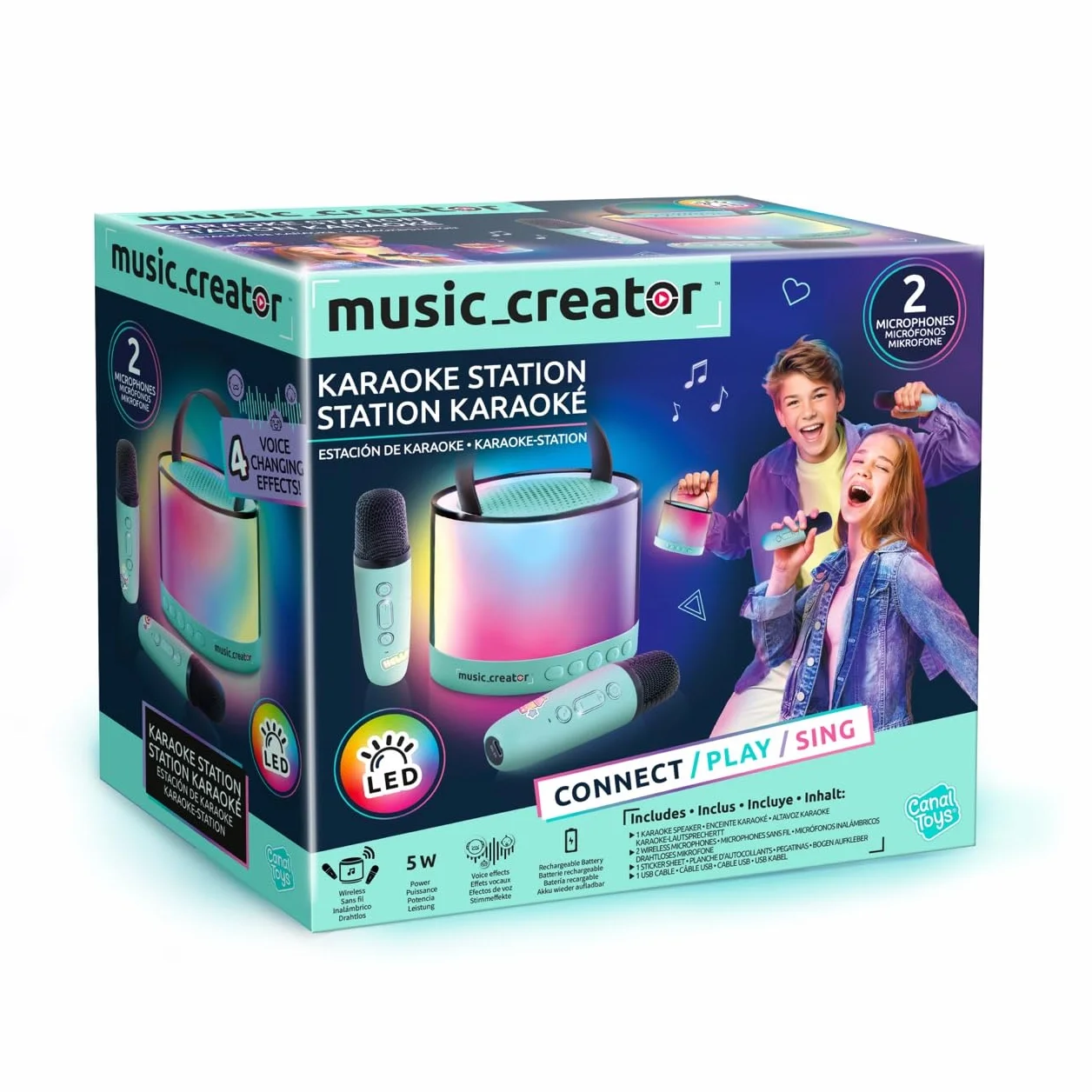 Canal Toys Stacja do karaoke Bluetooth z 2 bezprzewodowymi mikrofonami i efektami głosowymi, przenośny głośnik LED, 4 efekty głosowe, regulacja głośności i echo, kompatybilna z kartami SD