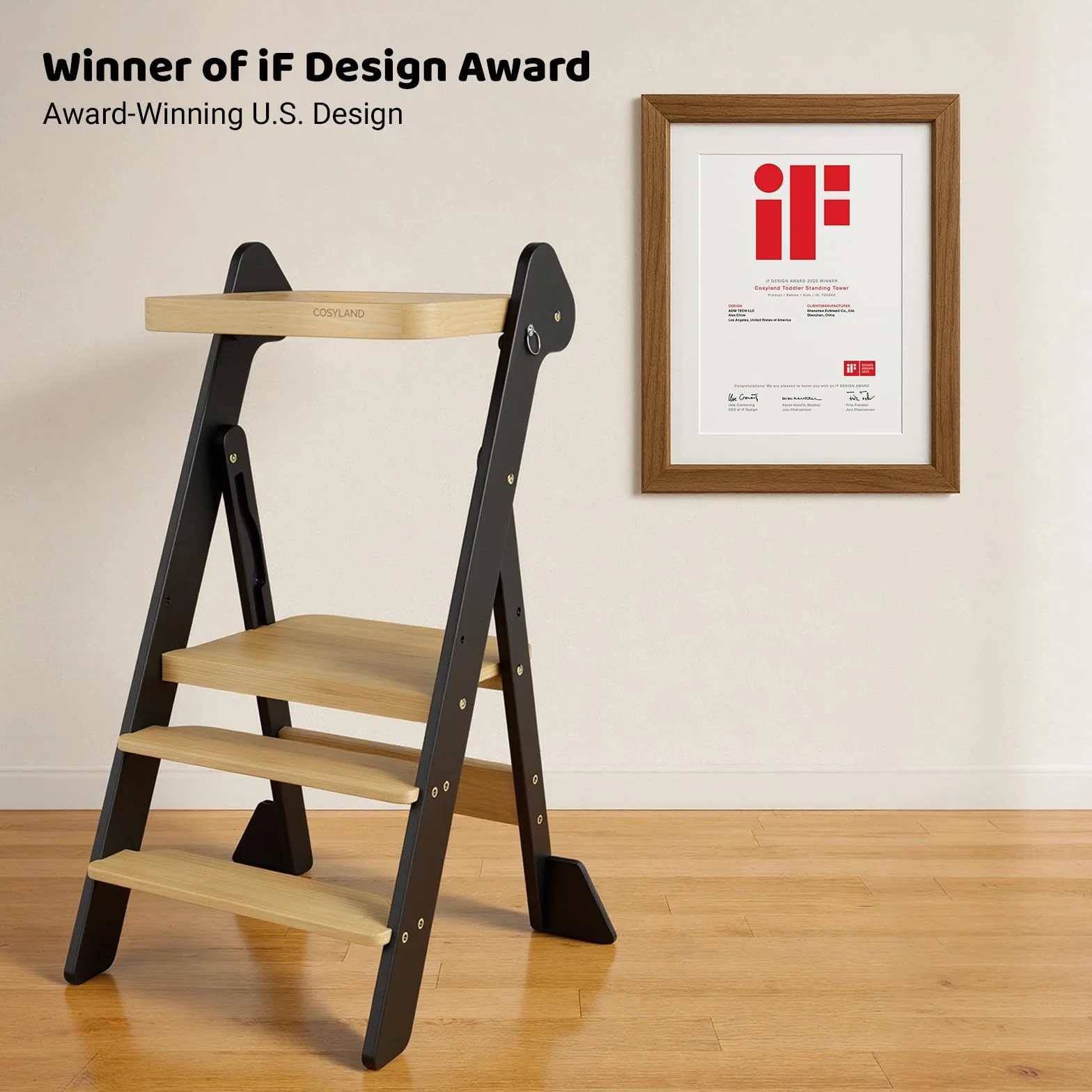 COSYLAND Składana Wieża Edukacyjna z Drewna od 1 Roku – Laureat Nagrody iF Design, z Siatką Zabezpieczającą i Regulowaną Wysokością, Idealna do Kuchni i Łazienki (Czarny i Naturalny)