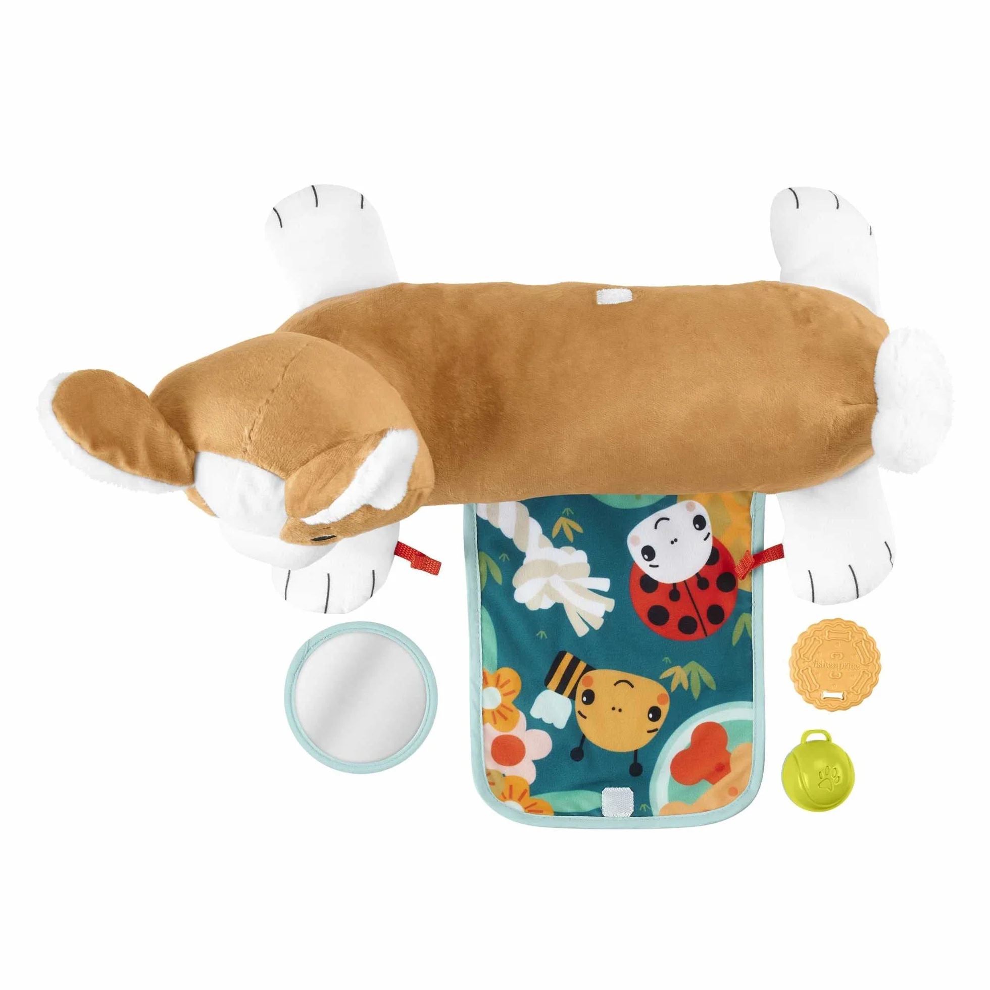 Fisher-Price Piesek 3 w 1 Poduszeczka pod brzuszek z grzechotką, gryzaczkiem bez bisfenolu A i lusterkiem, HJW10