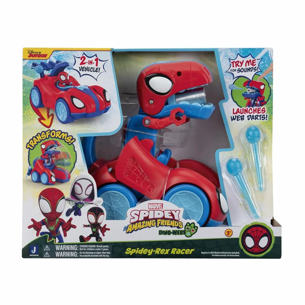 MARVEL Spidey and His Amazing Friends Spidey-Rex Racer - 20 cm pojazd z dźwiękami, które przekształcają się z pojazdu w dinozaura