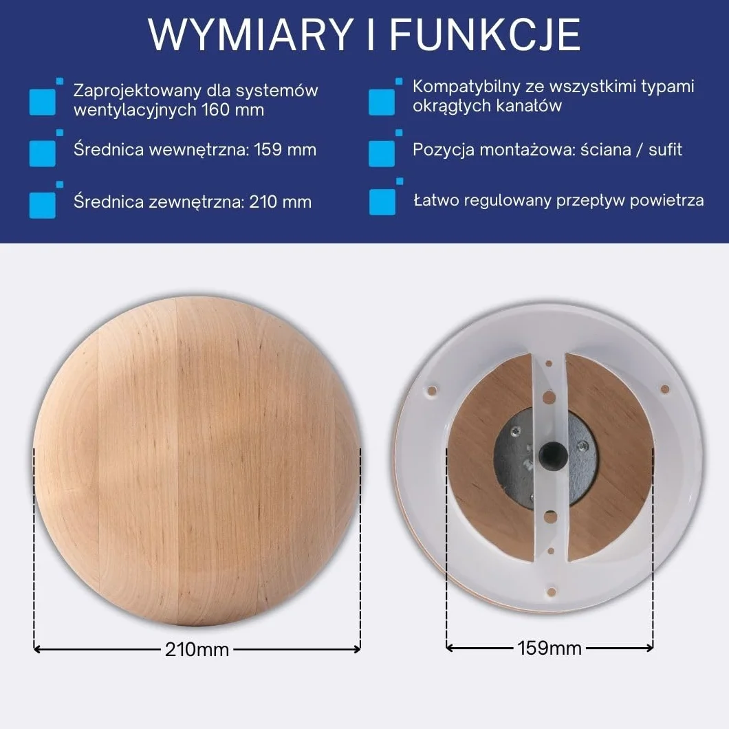 EUROPLAST Drewniany zawór talerzowy 160 mm – okrągły zawór wentylacyjny do sauny – uniwersalny dyfuzor doprowadzający i wywiewowy – regulowany dyfuzor do ściany lub sufitu – zawór powietrza wylotowego