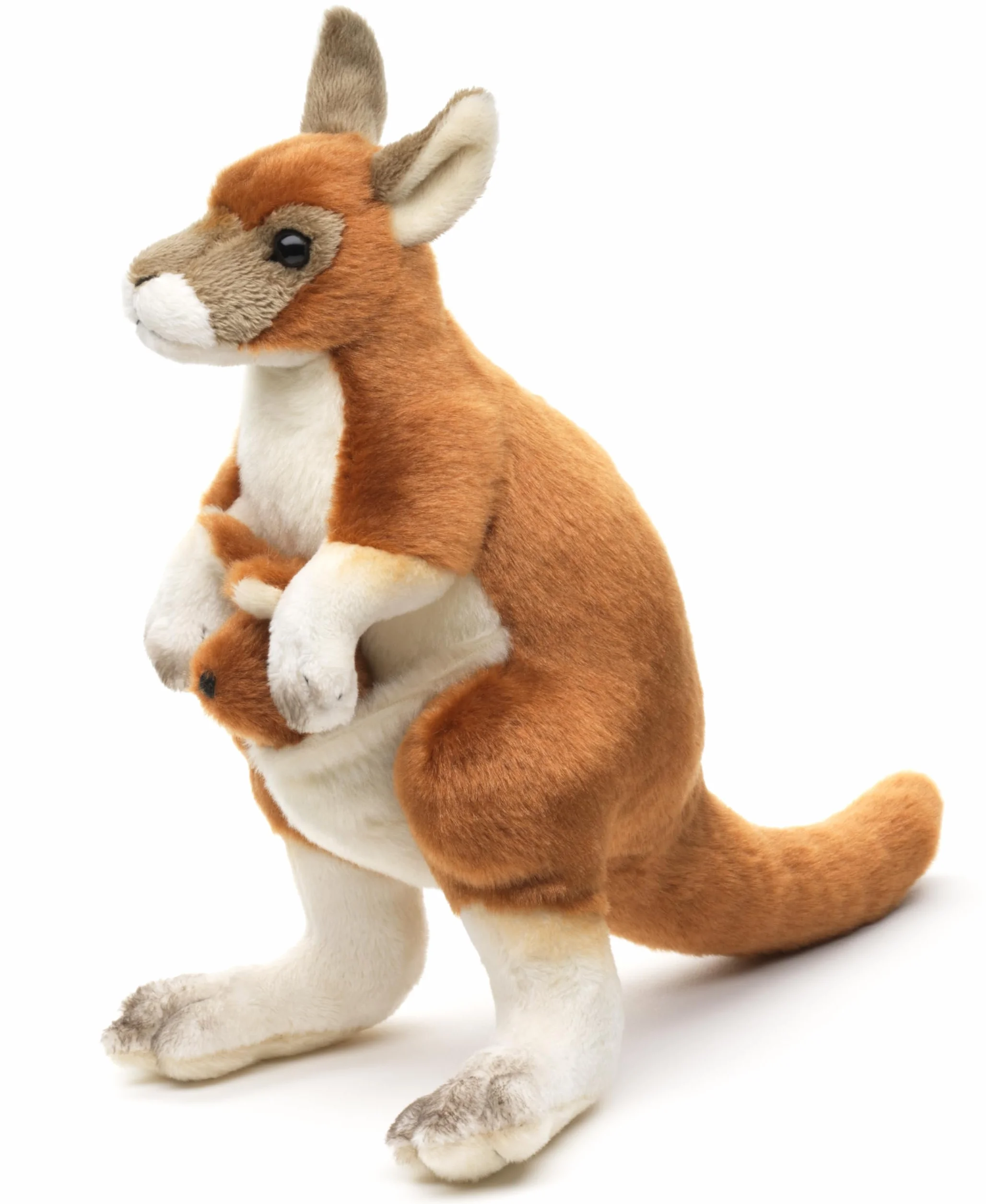 Uni-Toys - Kangur z dzieckiem (przyszyty), stojący - 23 cm (wysokość) - pluszowa zabawka, przytulanka