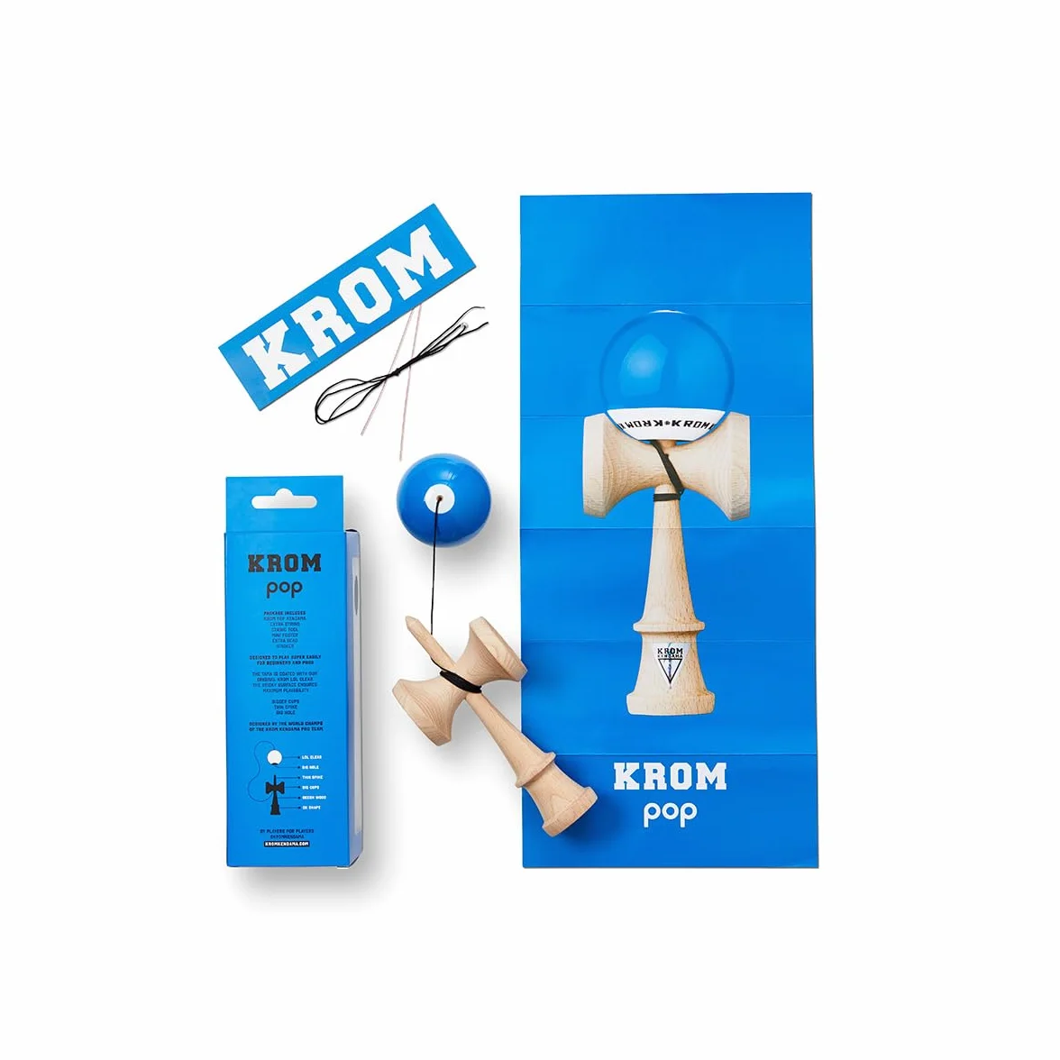 KROM Kendama POP LOL ciemnoniebieski - z certyfikowanego drewna bukowego - wysoka jakość drewna - dla początkujących i profesjonalistów - zestaw: zapasowy sznurek + naklejki