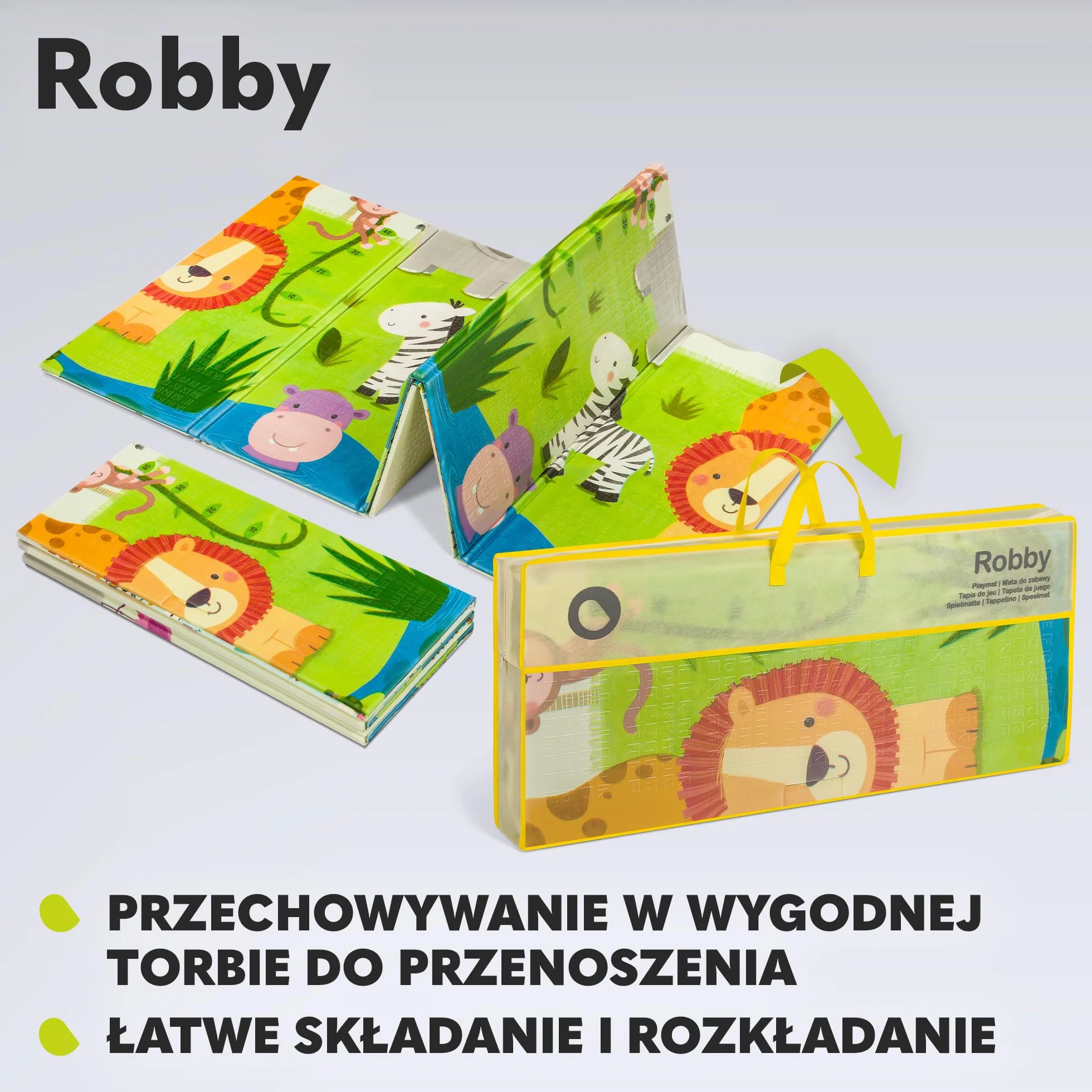 LIONELO Duża mata edukacyjna Robby do zabawy dla dzieci, mata do zabawy, składana, dwustronna, o wymiarach 200 x 180 cm, lekka i wodoodporna, przyjazna dla środowiska materiał XPE