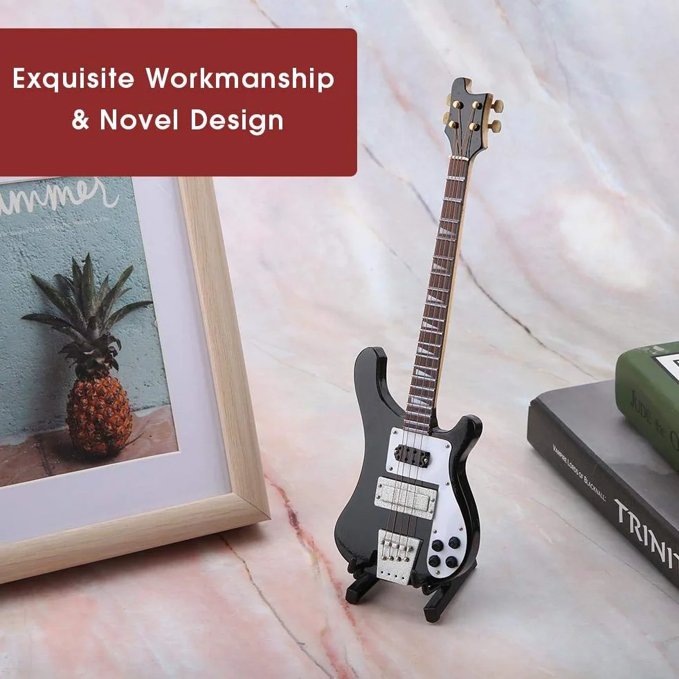 Instrument gitarowy, czarna miniaturowa replika gitary basowej ze stojakiem i etui instrument model ozdoby