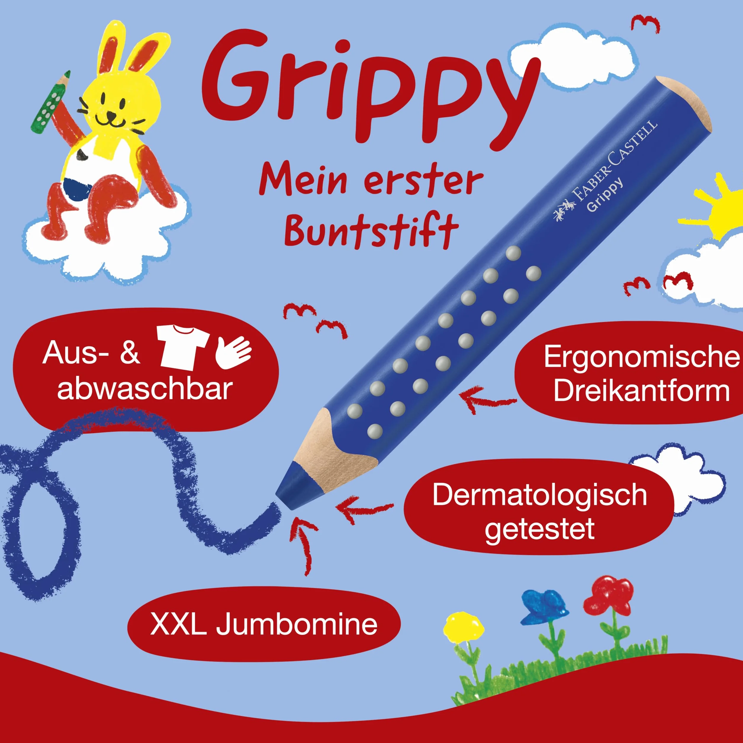 FABER-CASTELL 110645 Grippy zestaw 16 kredek Jumbo dla małych dzieci, łatwe do zmywania kredki dla dzieci, ergonomiczny trójkątny kształt, grube kredki, wkład o grubości 10 mm, temperówka w zestawie